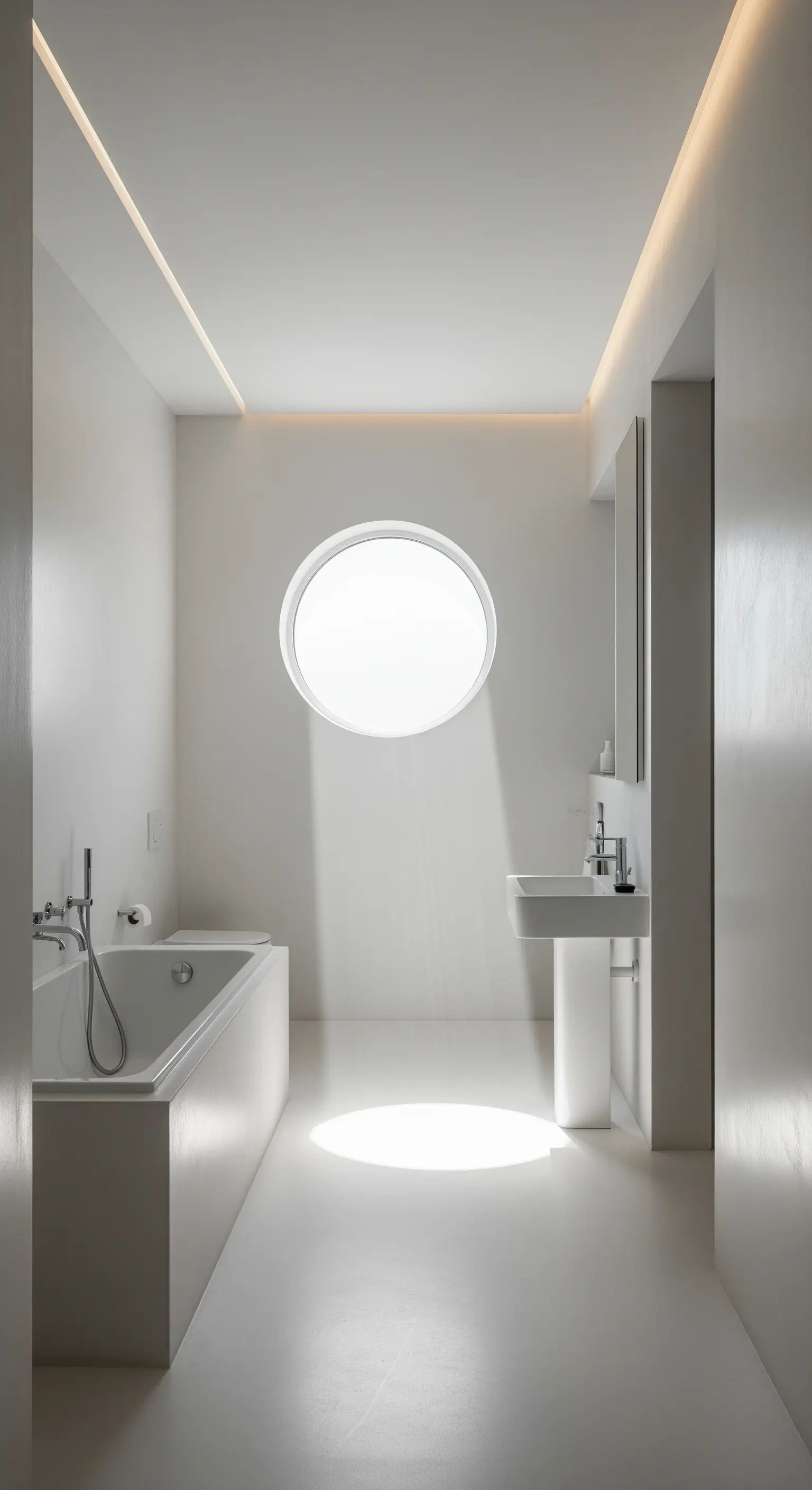Reinweißes, minimalistisches Badezimmer mit einem großen runden Fenster als zentralem Designelement.