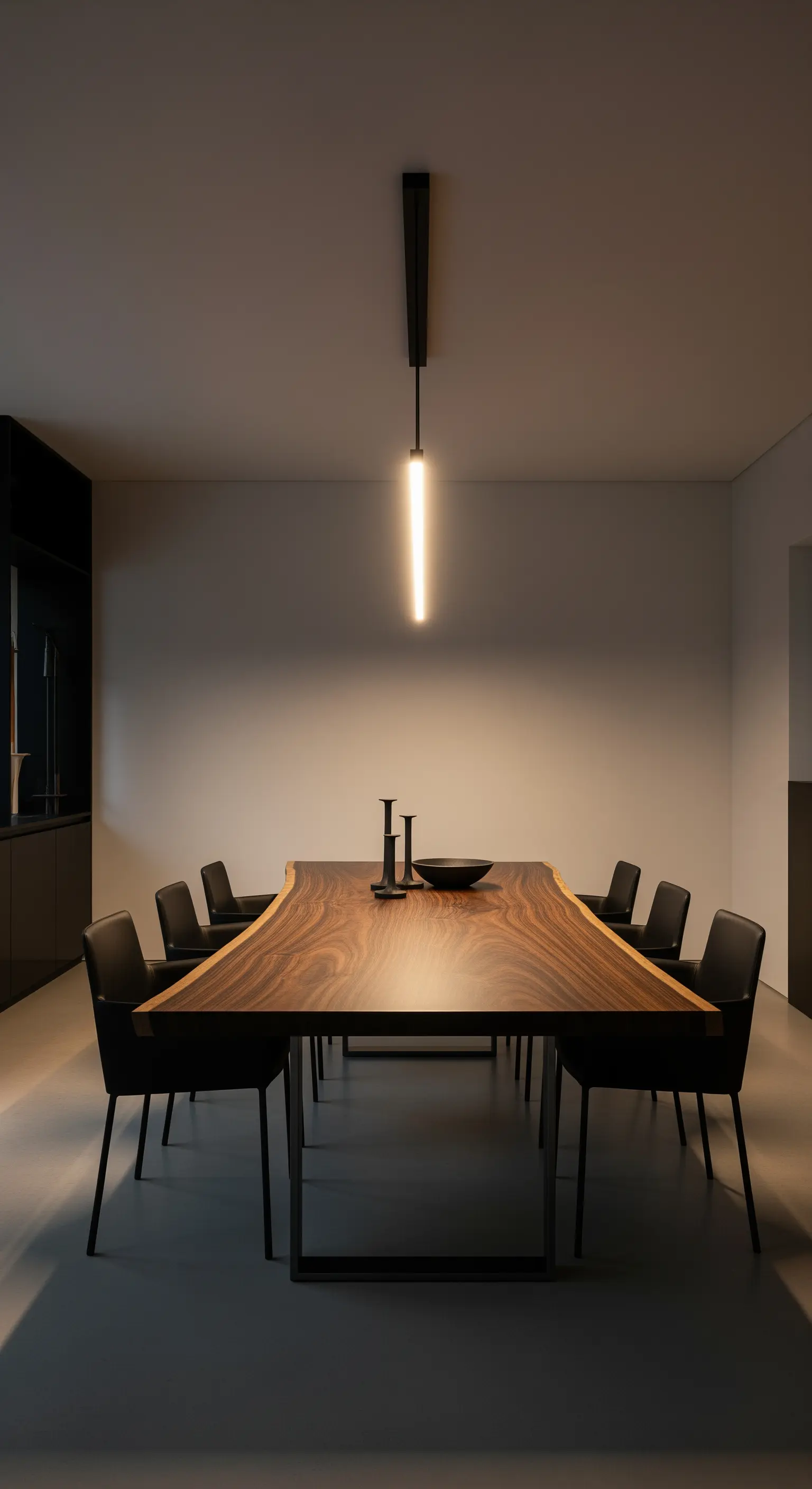 Esszimmer mit großem Holztisch und einer einzelnen, langen Hängelampe.