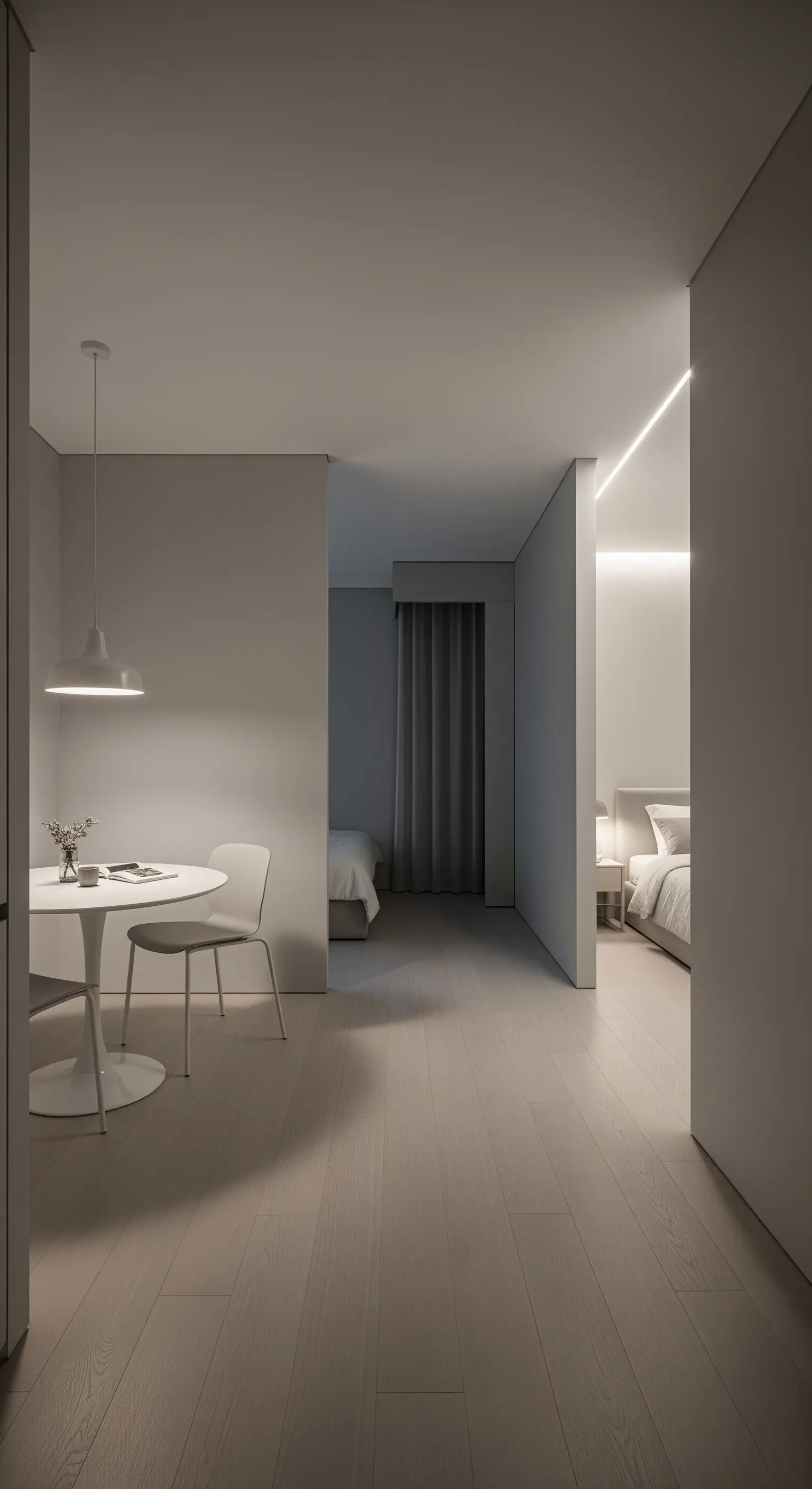 Minimalistischer Raum mit indirekter LED-Beleuchtung zur Zonierung