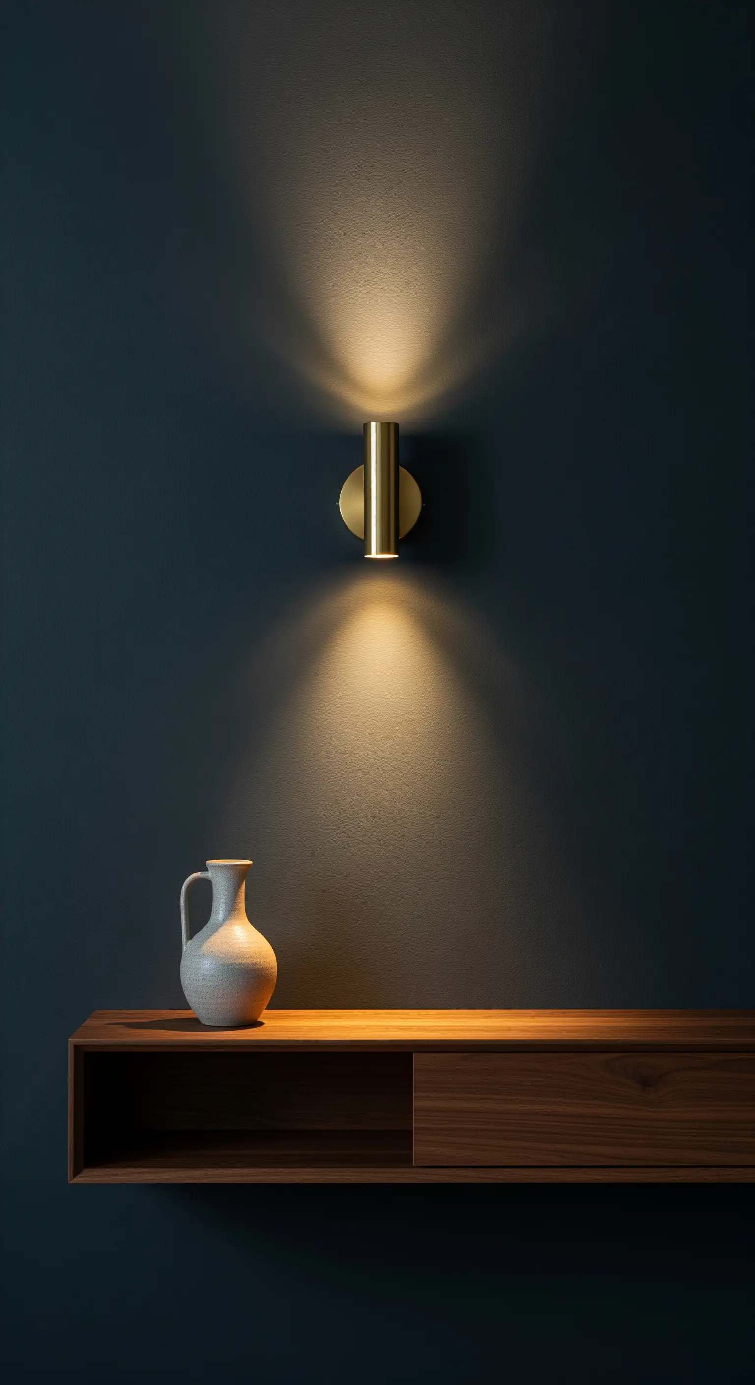 Goldene Wandleuchte mit Up-and-Down-Lichteffekt an einer dunkelblauen Wand.