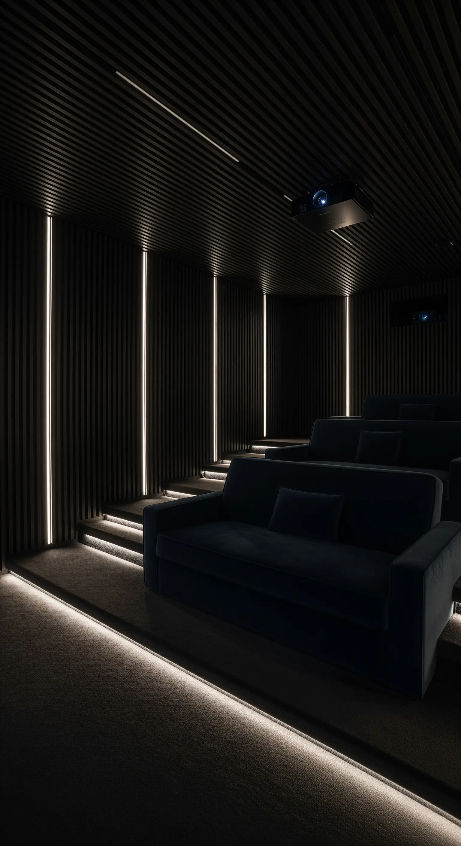 Heimkino mit dunklen Holzlamellen und weißen LED-Linien entlang der Stufen.