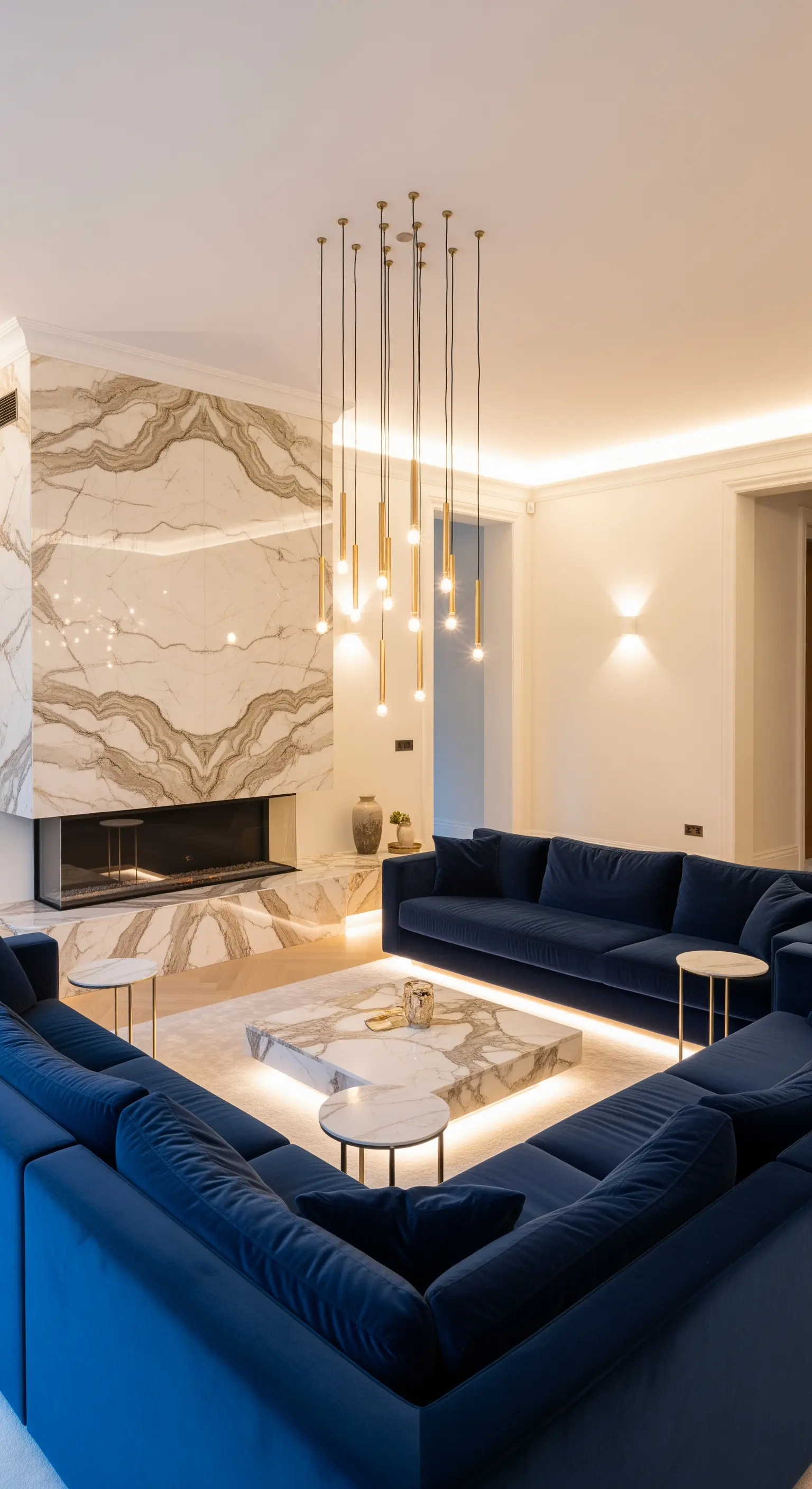 Modernes Wohnzimmer mit einem großen blauen Samtsofa und einer Kaskade goldener Pendelleuchten.