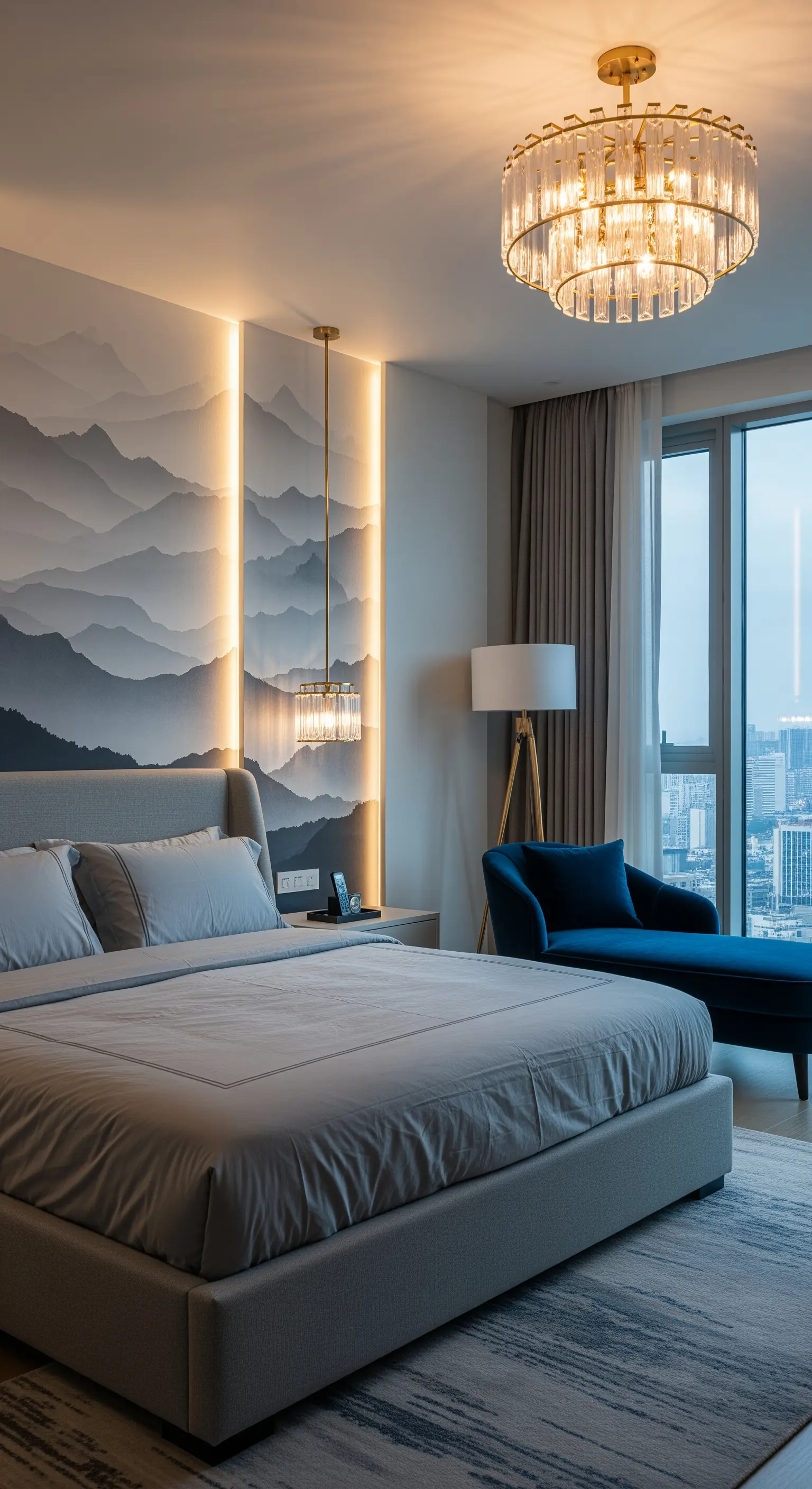 Modernes Schlafzimmer mit beleuchteter Bergpanorama-Tapete und Designer-Leuchten.