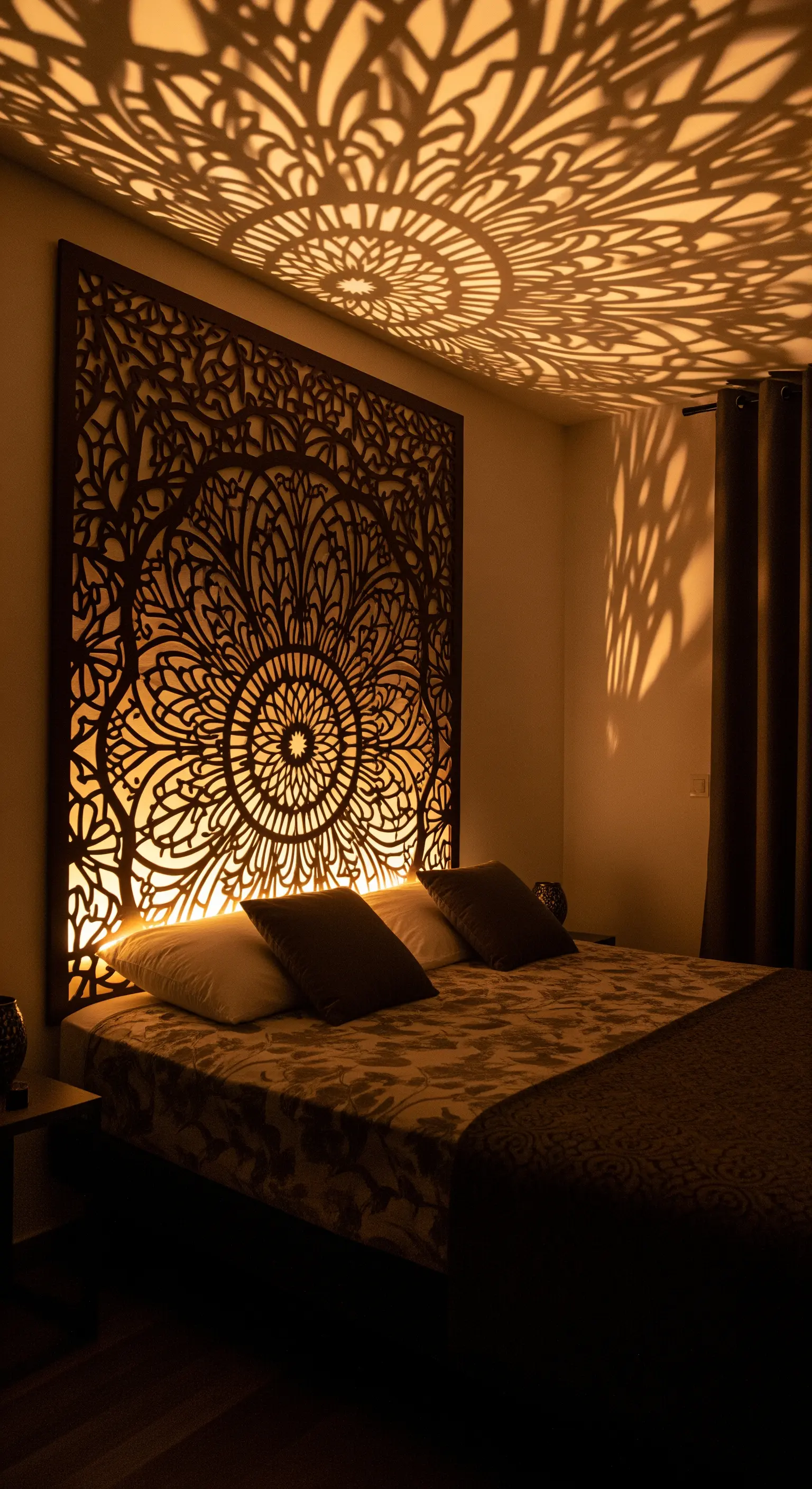 Großes, geschnitztes Holzkopfteil mit Mandala-Muster, das von hinten beleuchtet wird.