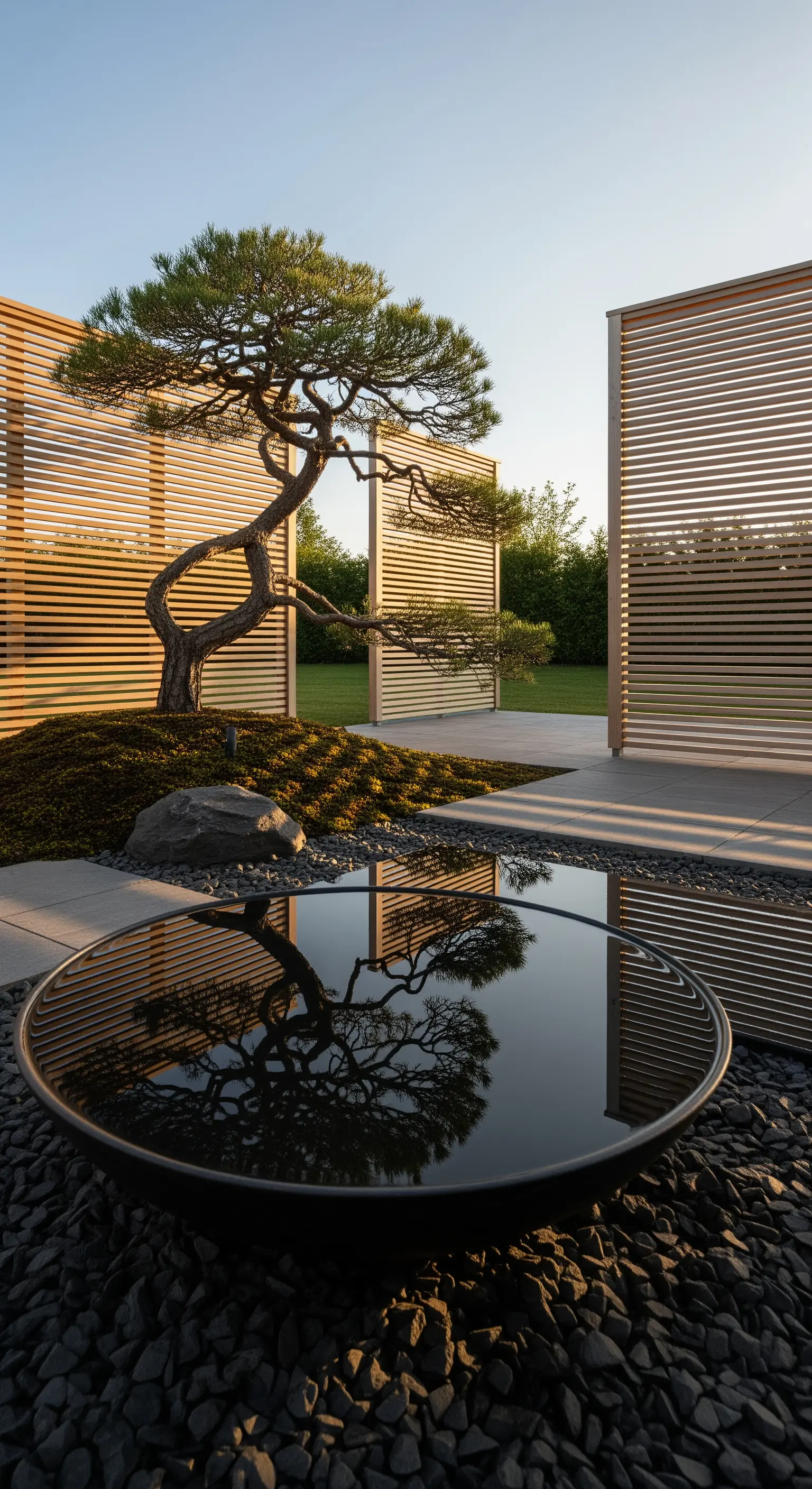 Alter Bonsai-Baum vor Holzlamellen-Sichtschutzwänden mit einer spiegelnden Wasserschale.