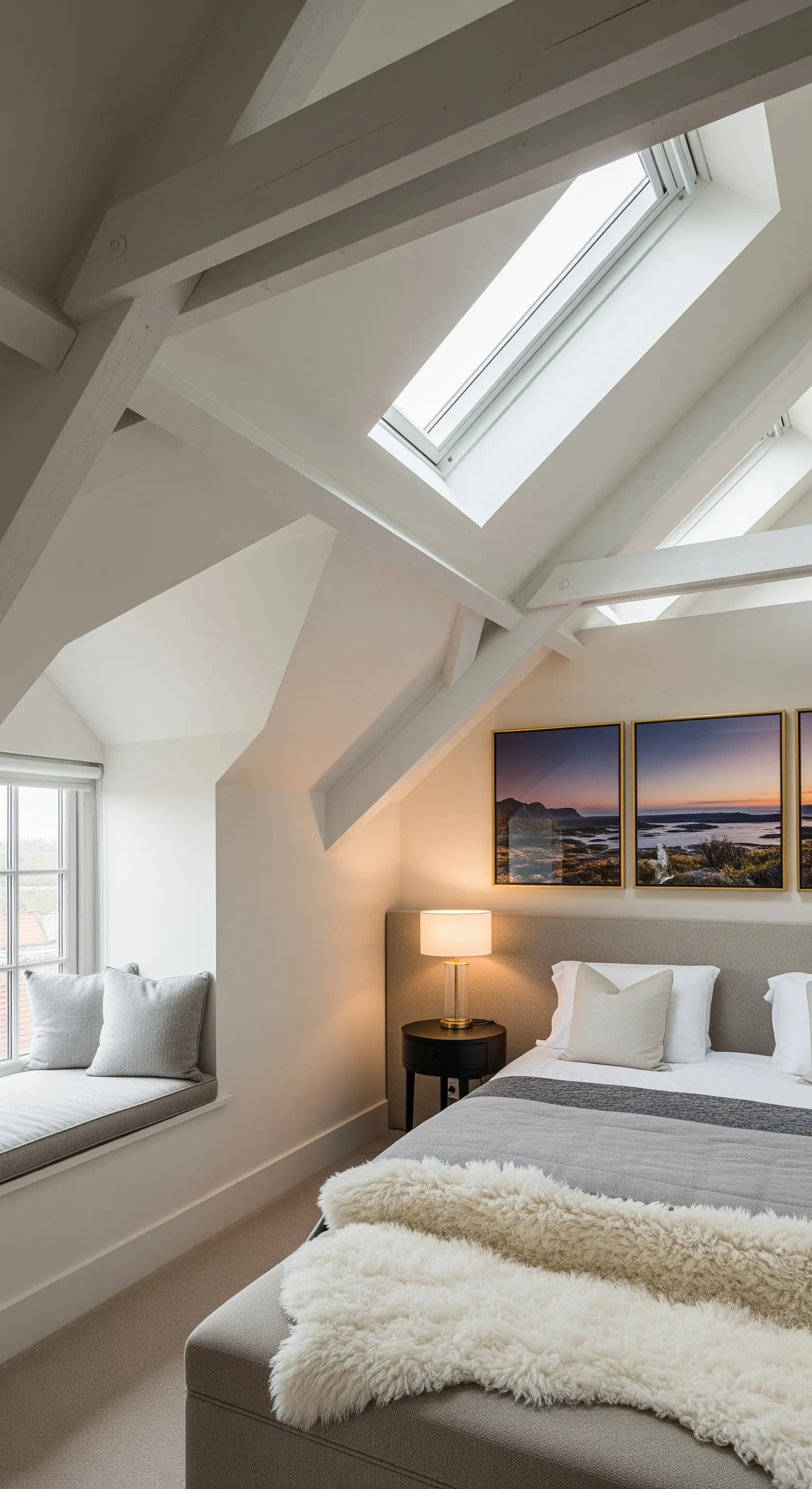 Helles Dachgeschoss-Schlafzimmer mit Landschaftsfotografien in Goldrahmen unter Dachfenstern.