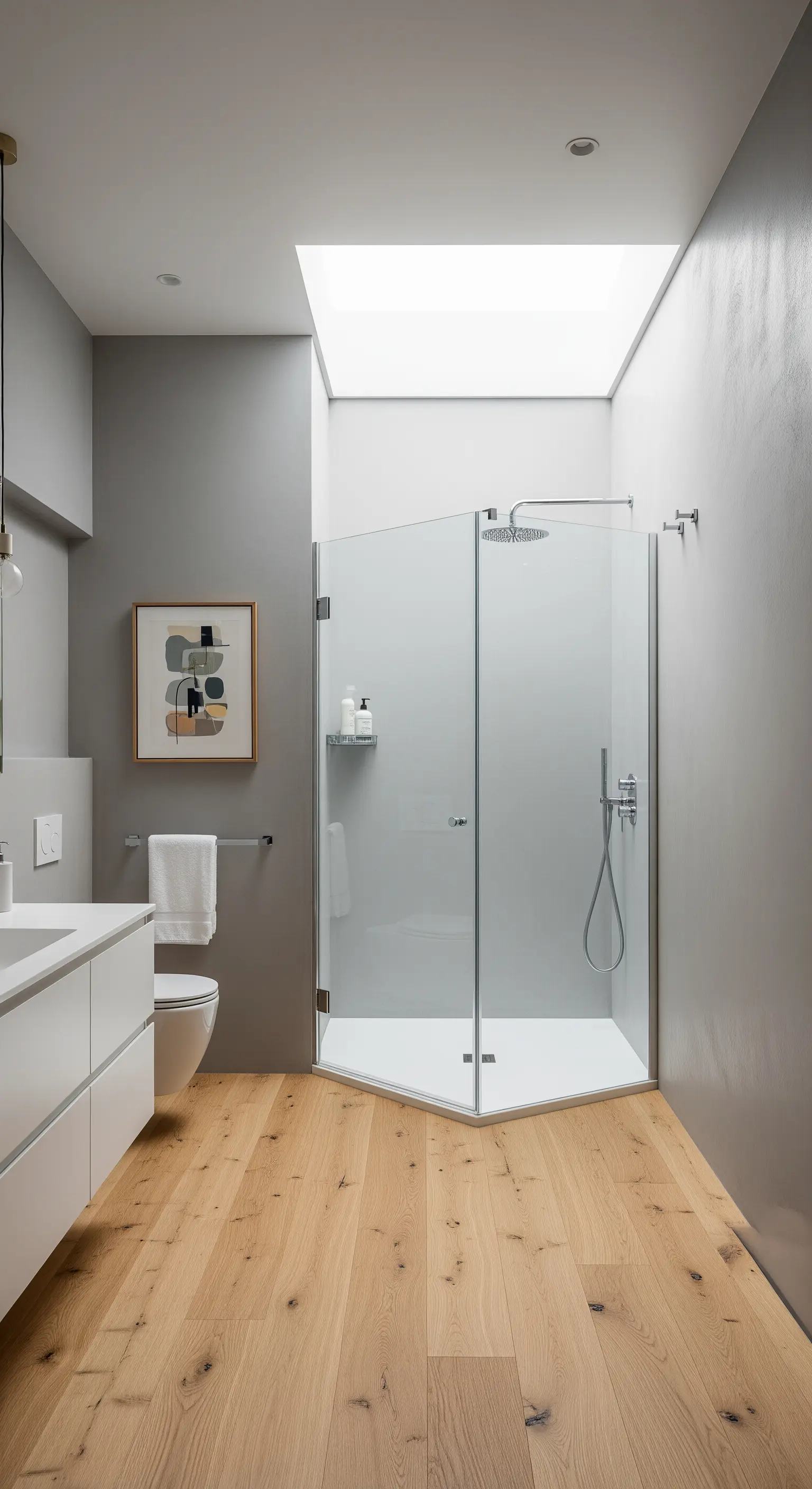 Modernes Badezimmer mit Holzboden und einer Eckdusche unter einem hellen Oberlicht