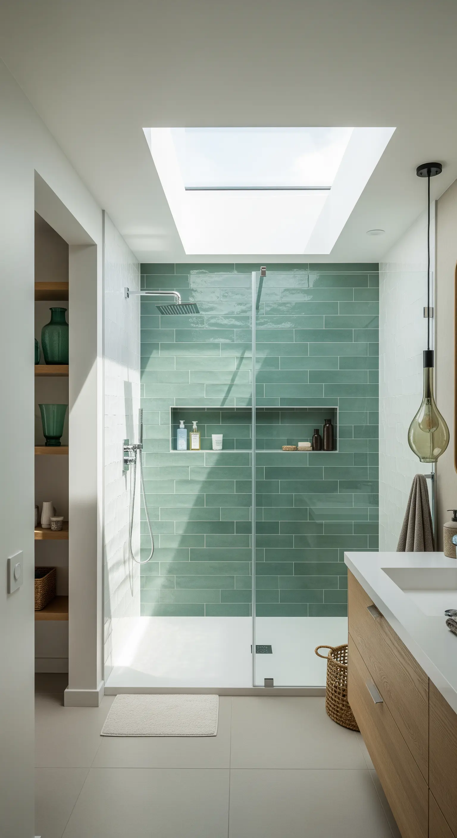 Helle Dusche mit grünen Fliesen unter einem großen Dachfenster.
