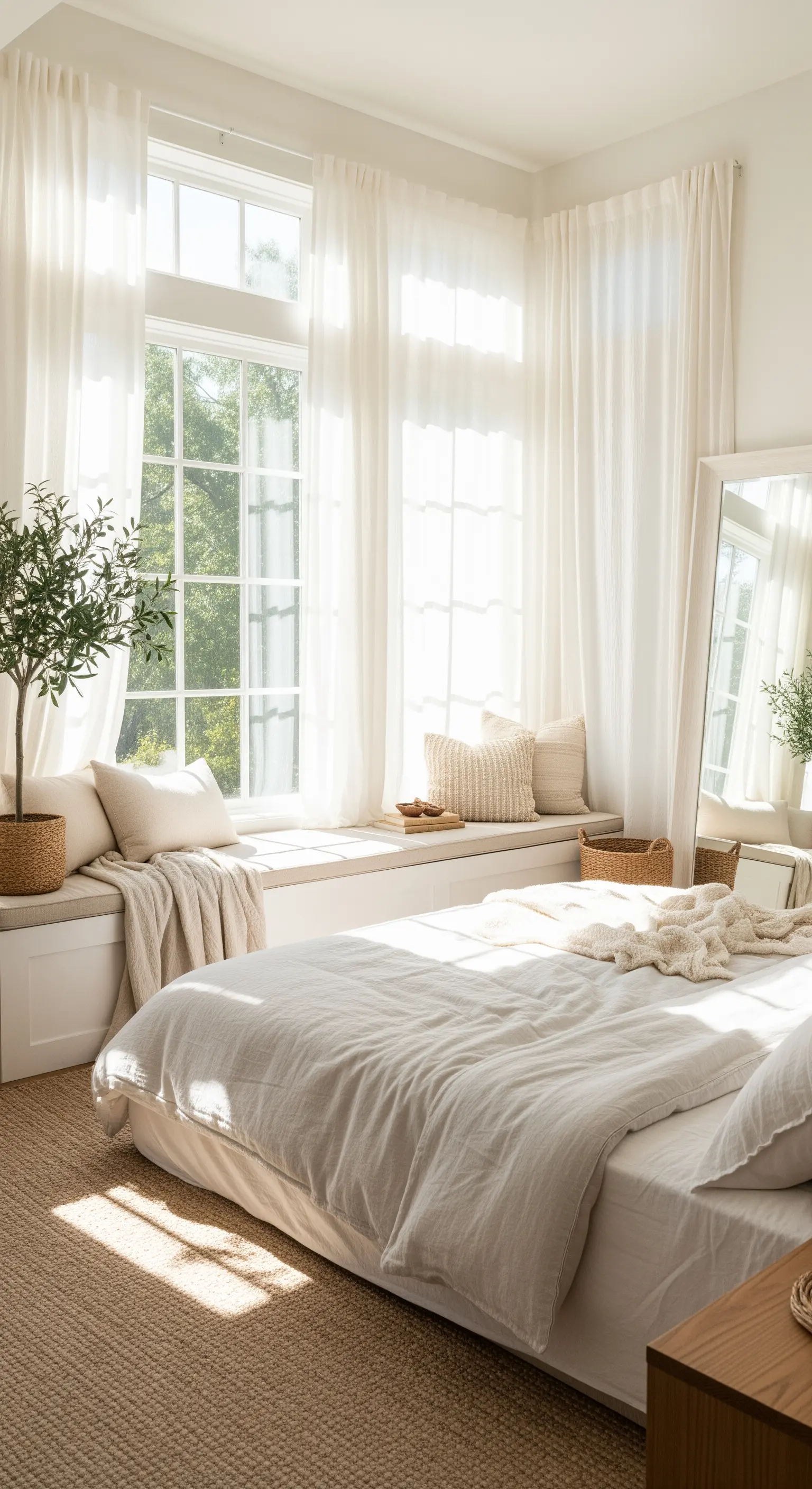Helles, lichtdurchflutetes Schlafzimmer mit einer langen Fensterbank als Leseecke.