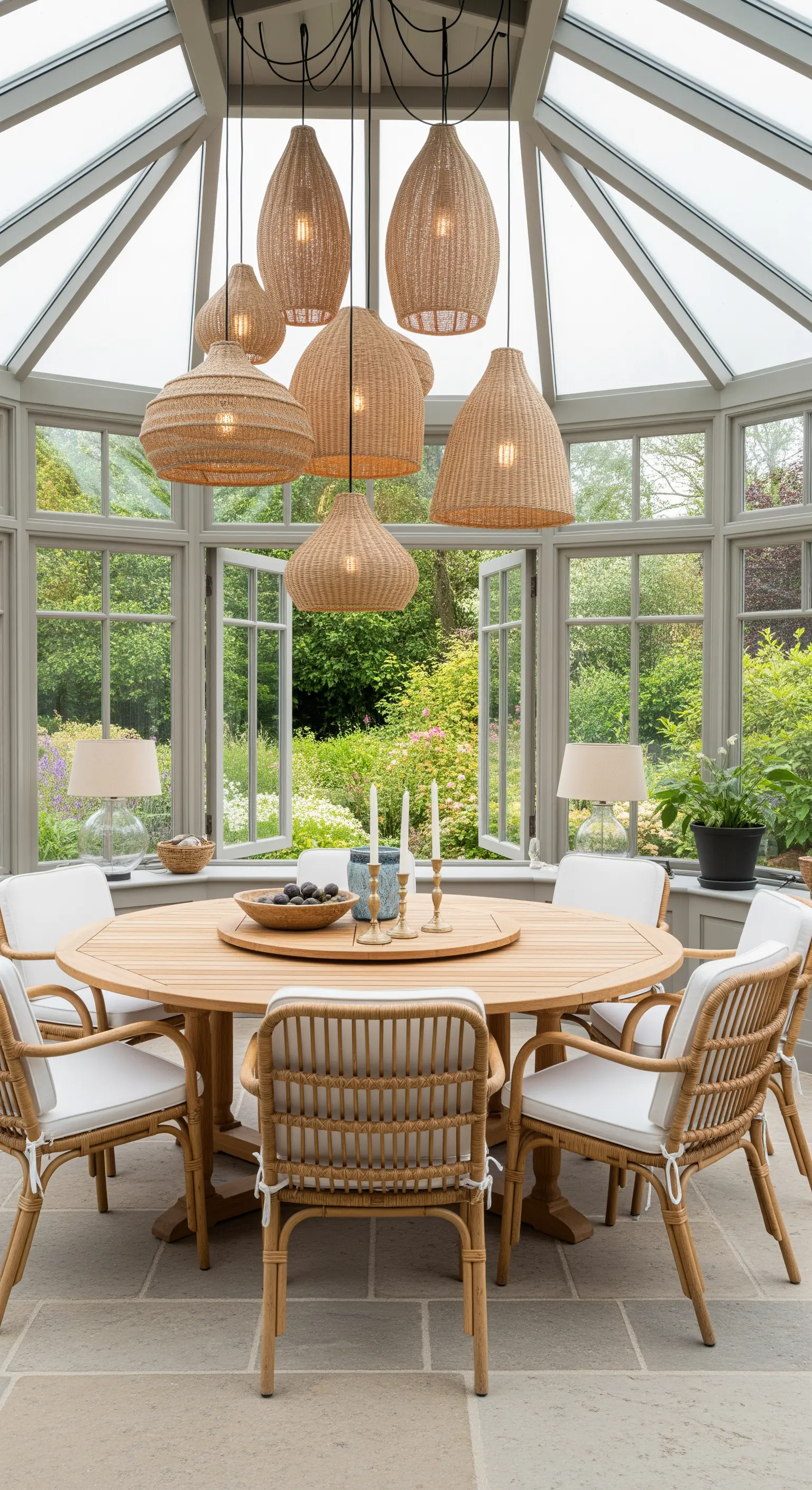 Wintergarten-Essbereich, runder Holztisch, Rattan-Stühle, Cluster-Pendelleuchten