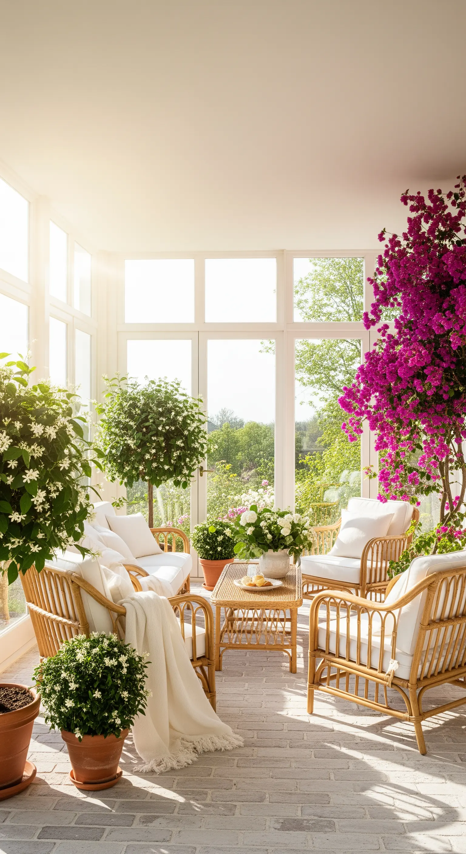 Lichtdurchfluteter Wintergarten, Rattanmöbel, Bougainvillea, Kübelpflanzen, mediterran