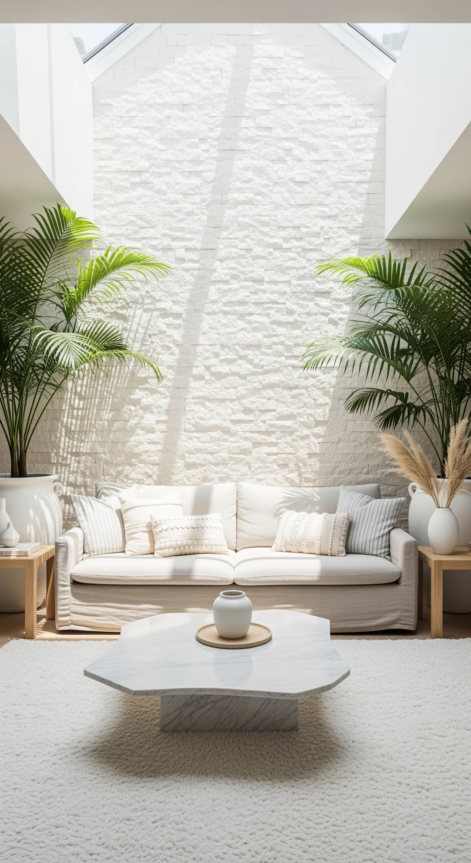 Helles Wohnzimmer, große Palmen, Marmor-Couchtisch