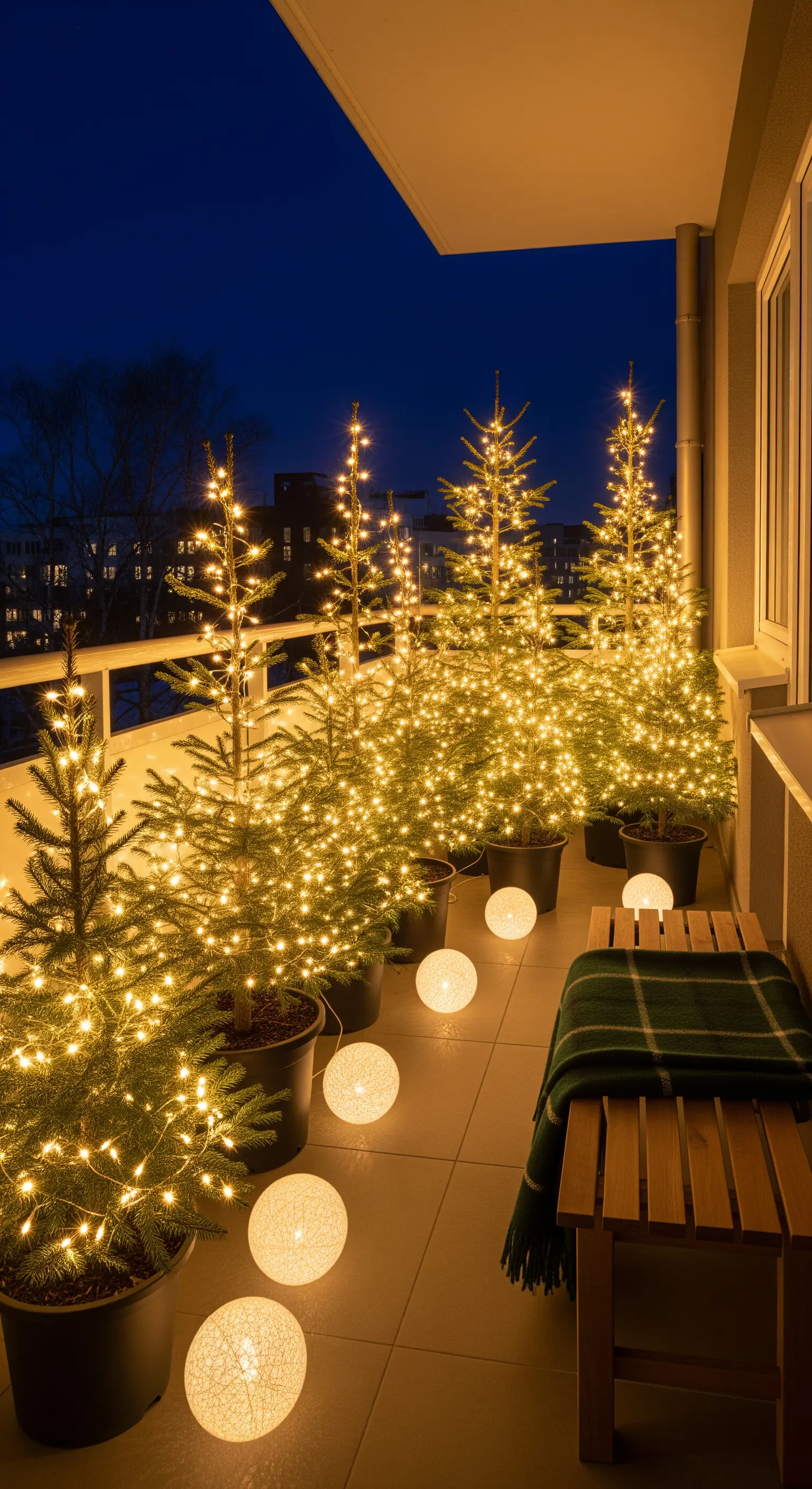 Balkon mit Reihe von beleuchteten Nadelbäumen in Töpfen und leuchtenden Kugeln