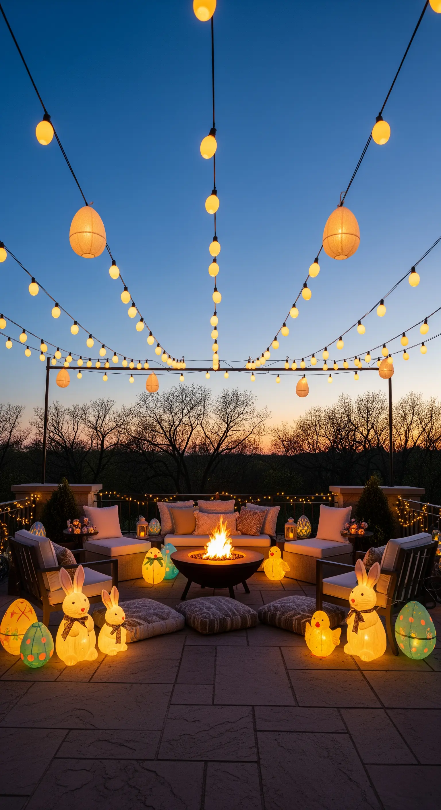 Terrasse bei Sonnenuntergang mit Lichterketten, leuchtenden Osterhasen und Feuerstelle