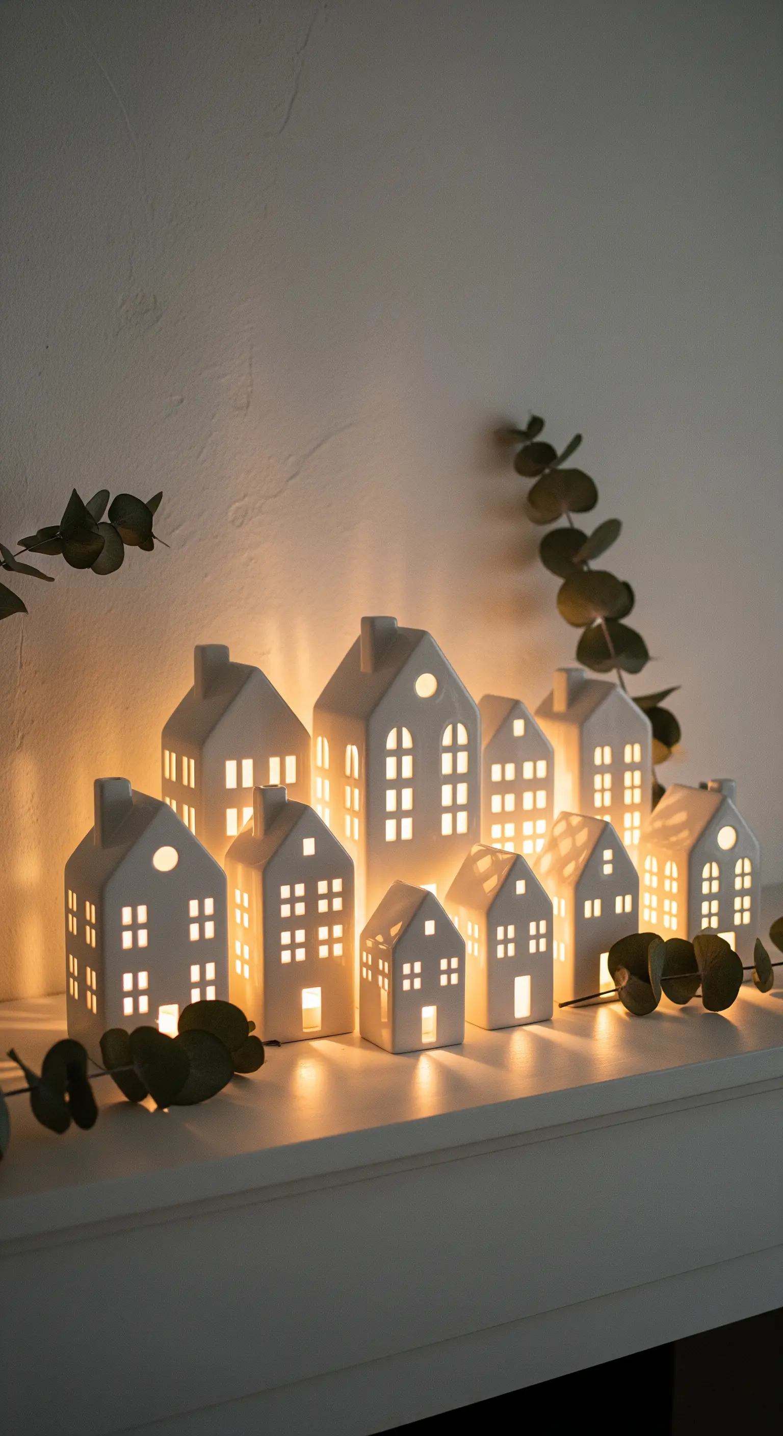 Beleuchtete weiße Keramikhäuser auf einem Sims, umgeben von Eukalyptuszweigen.