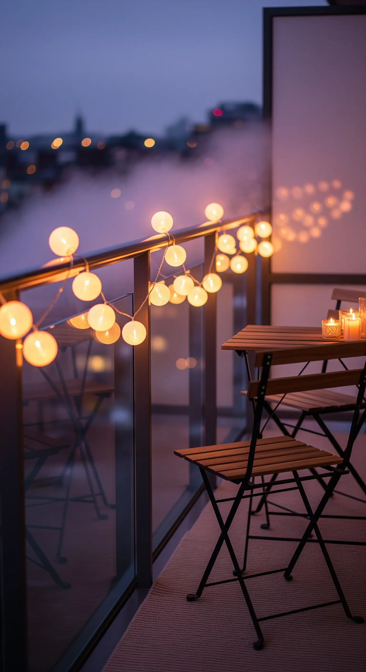 Eine Lichterkette mit warmen Kugeln ist um das Geländer eines Stadtbalkons gewickelt.