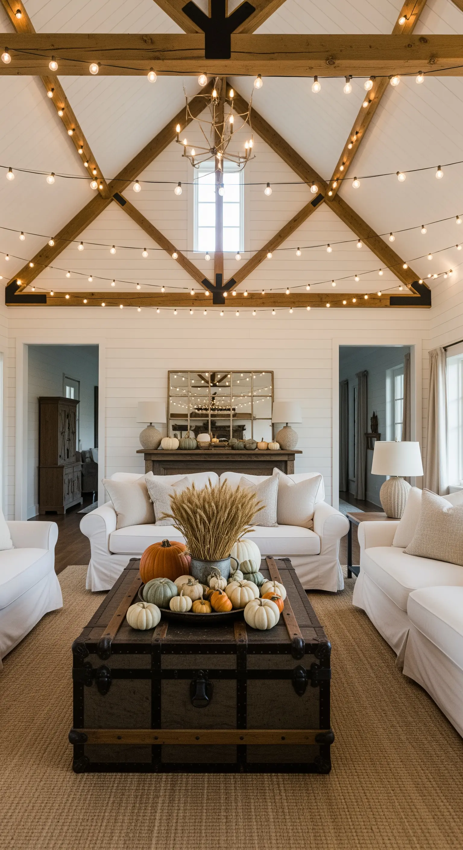 Offenes Wohnzimmer mit Lichterketten an der Decke und Kürbis-Deko auf einem Holztisch