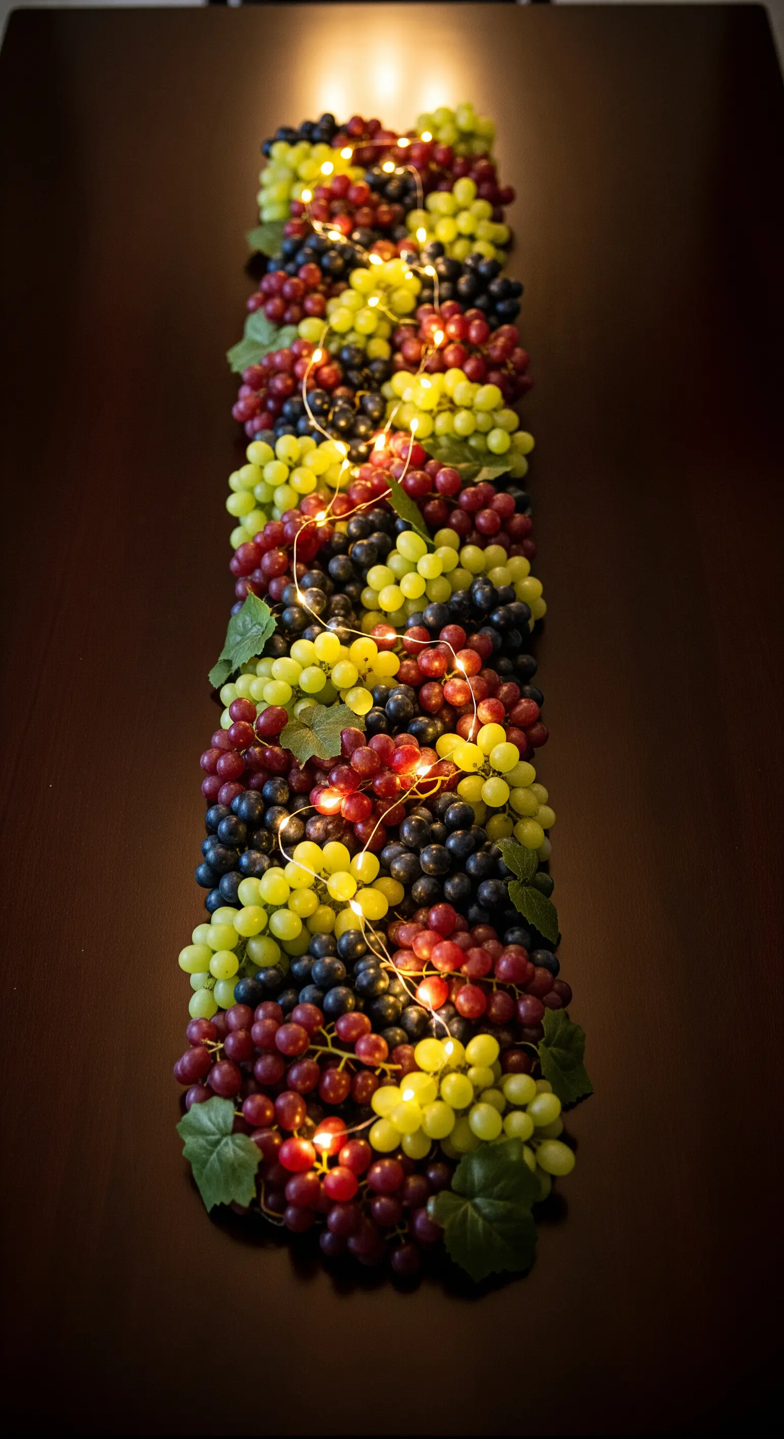 Dunkler Tisch mit Läufer aus bunten Trauben und integrierten Lichterketten