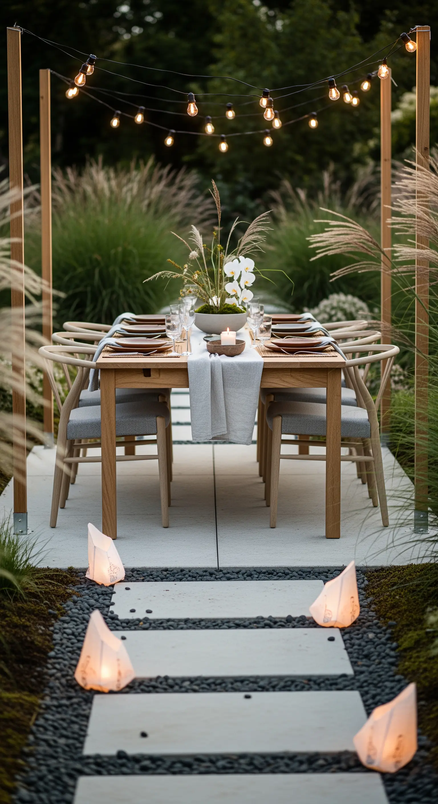 Lichterketten, Papiertüten-Laternen, Gräser, Japandi Gartentisch