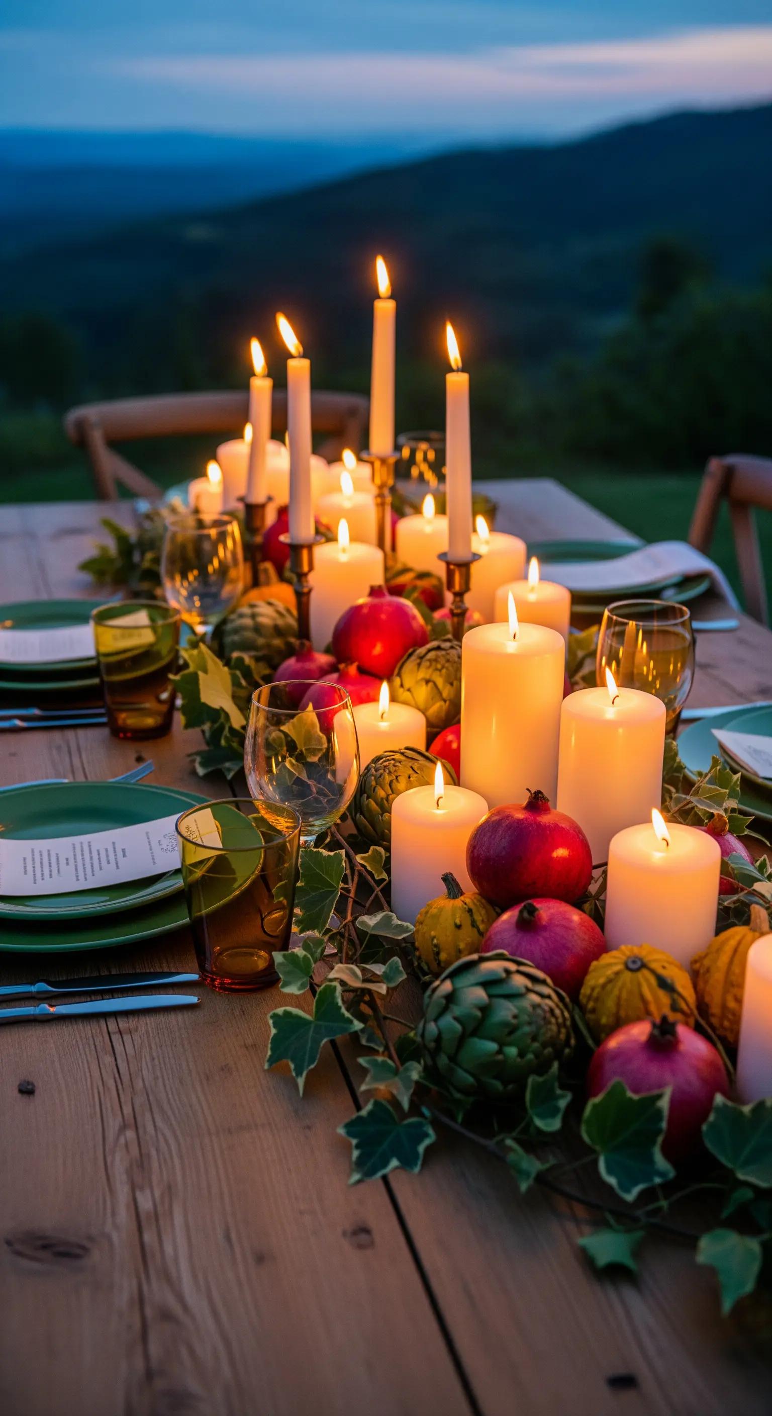 Langer Holztisch bei Nacht, reich dekoriert mit Kerzen, Granatäpfeln und Efeu.