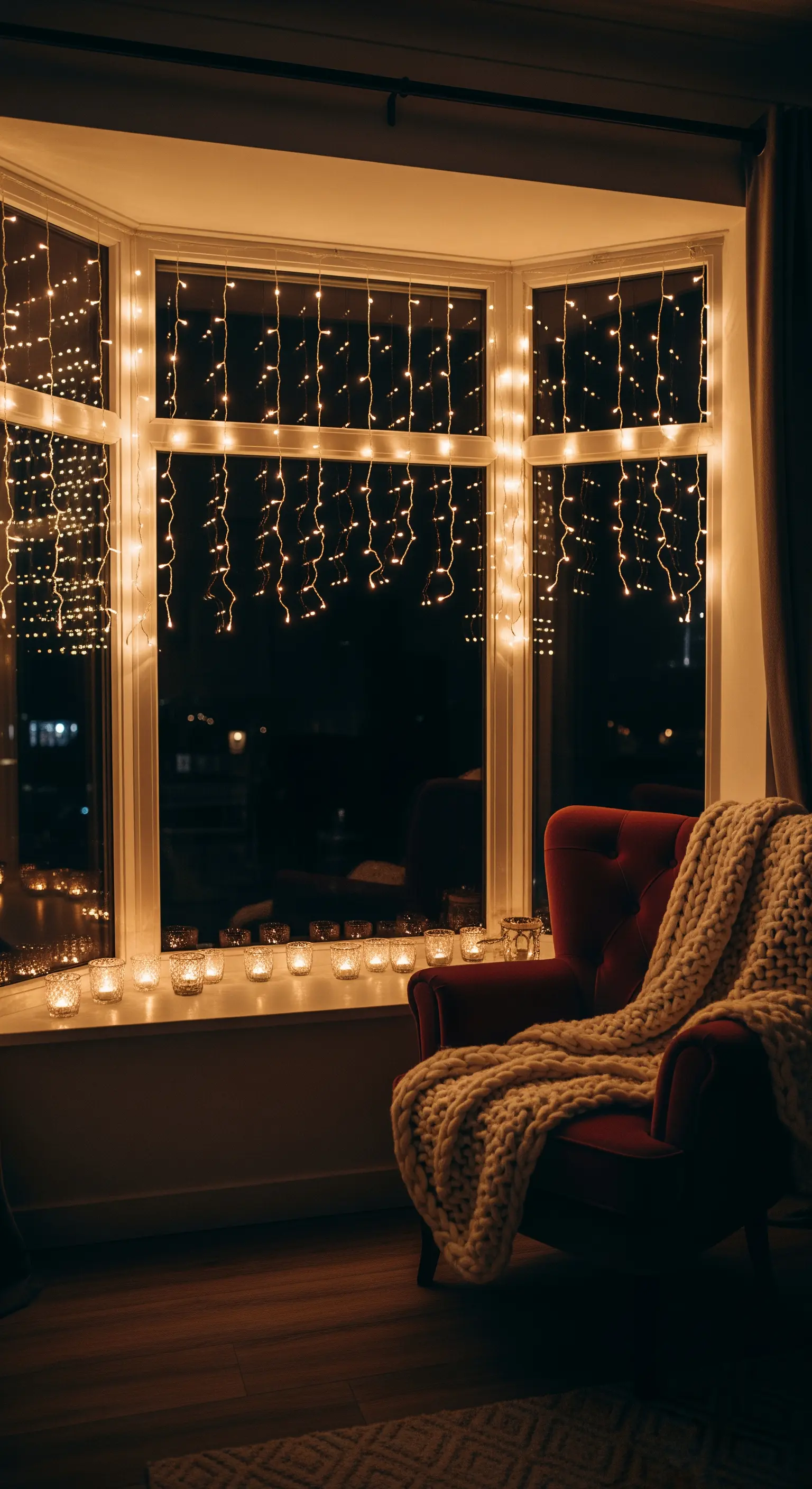 Erkerfenster mit herabhängenden Lichterketten, Teelichtern auf der Fensterbank und rotem Sessel mit Decke