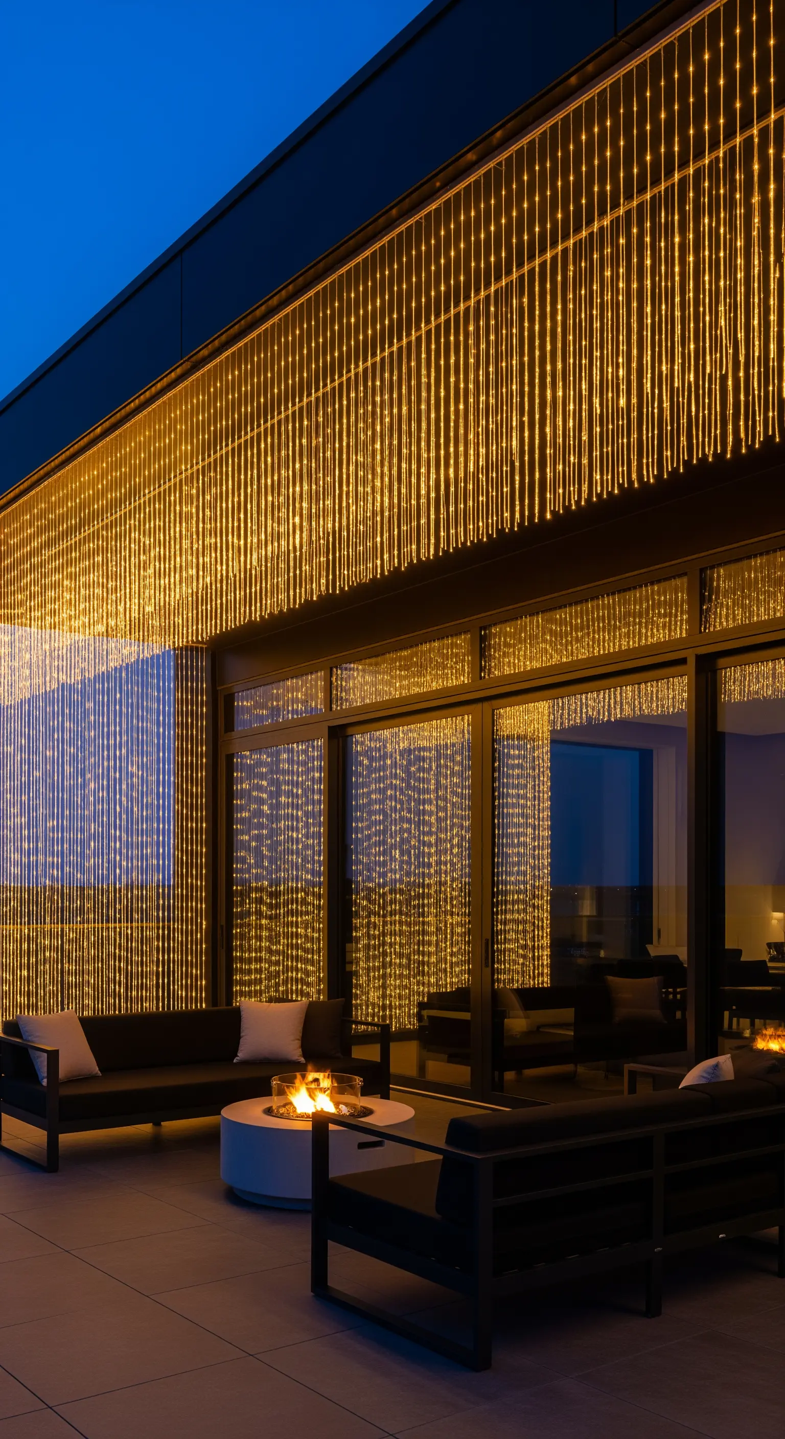 Balkon mit dichtem Lichtervorhang, Outdoor-Möbeln und Feuertisch für luxuriöse Stimmung.