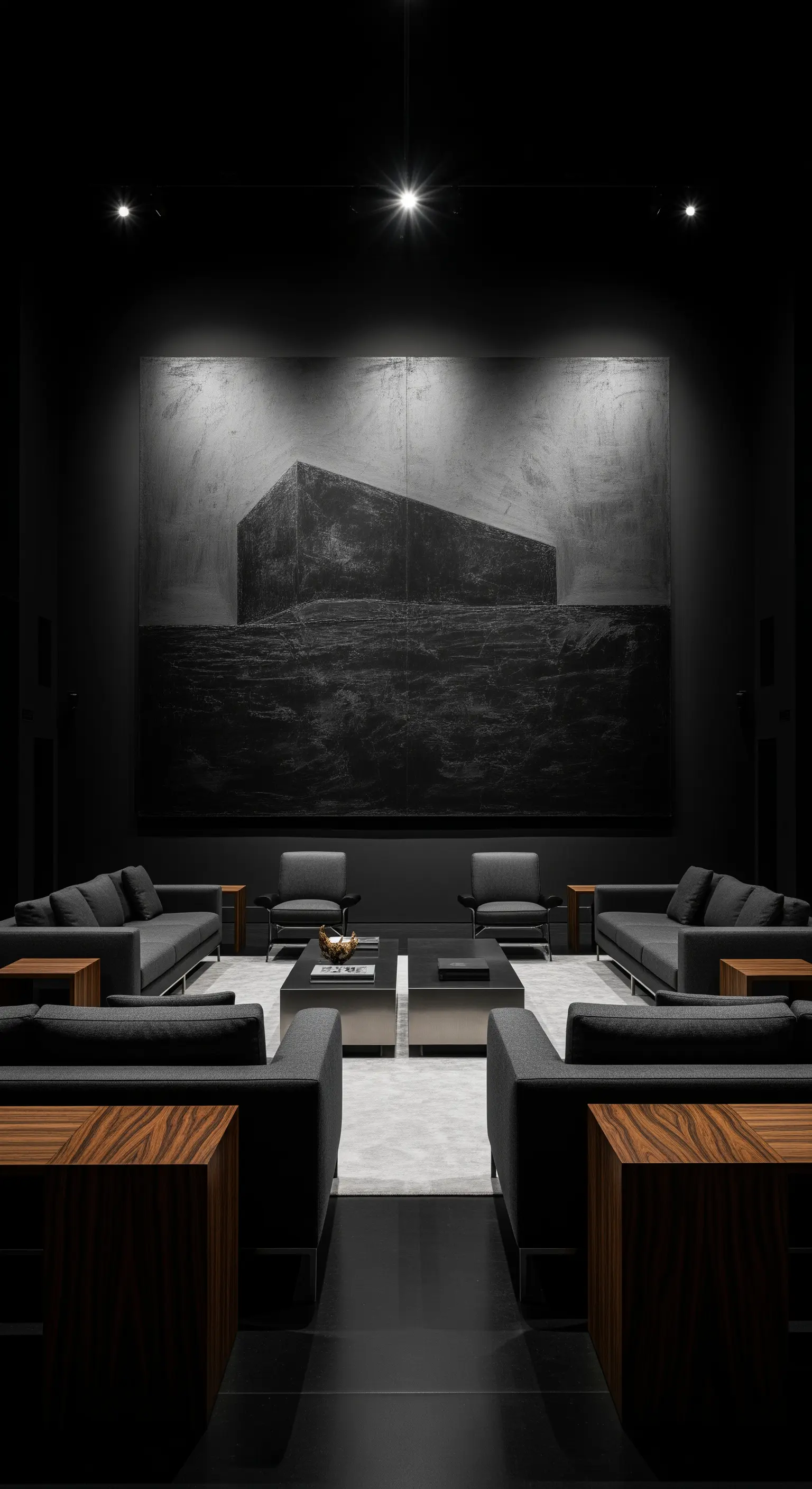 Metallisches Wandrelief über einem Glastisch