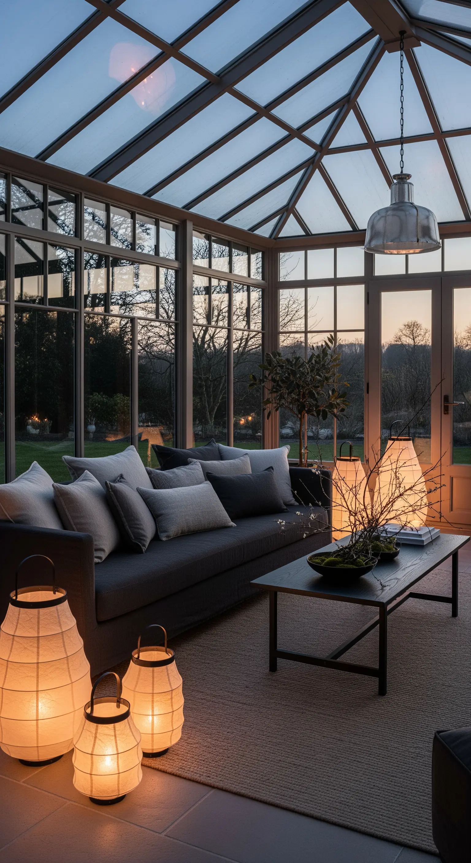 Japandi Wintergarten bei Dämmerung mit Papierlaternen und gedämpftem Licht.