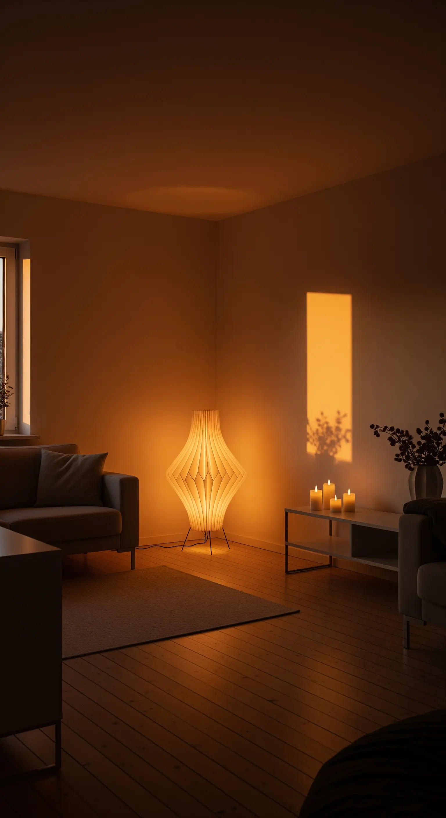 Ein dunkles Wohnzimmer, das durch eine warme Stehlampe und Kerzen beleuchtet wird.