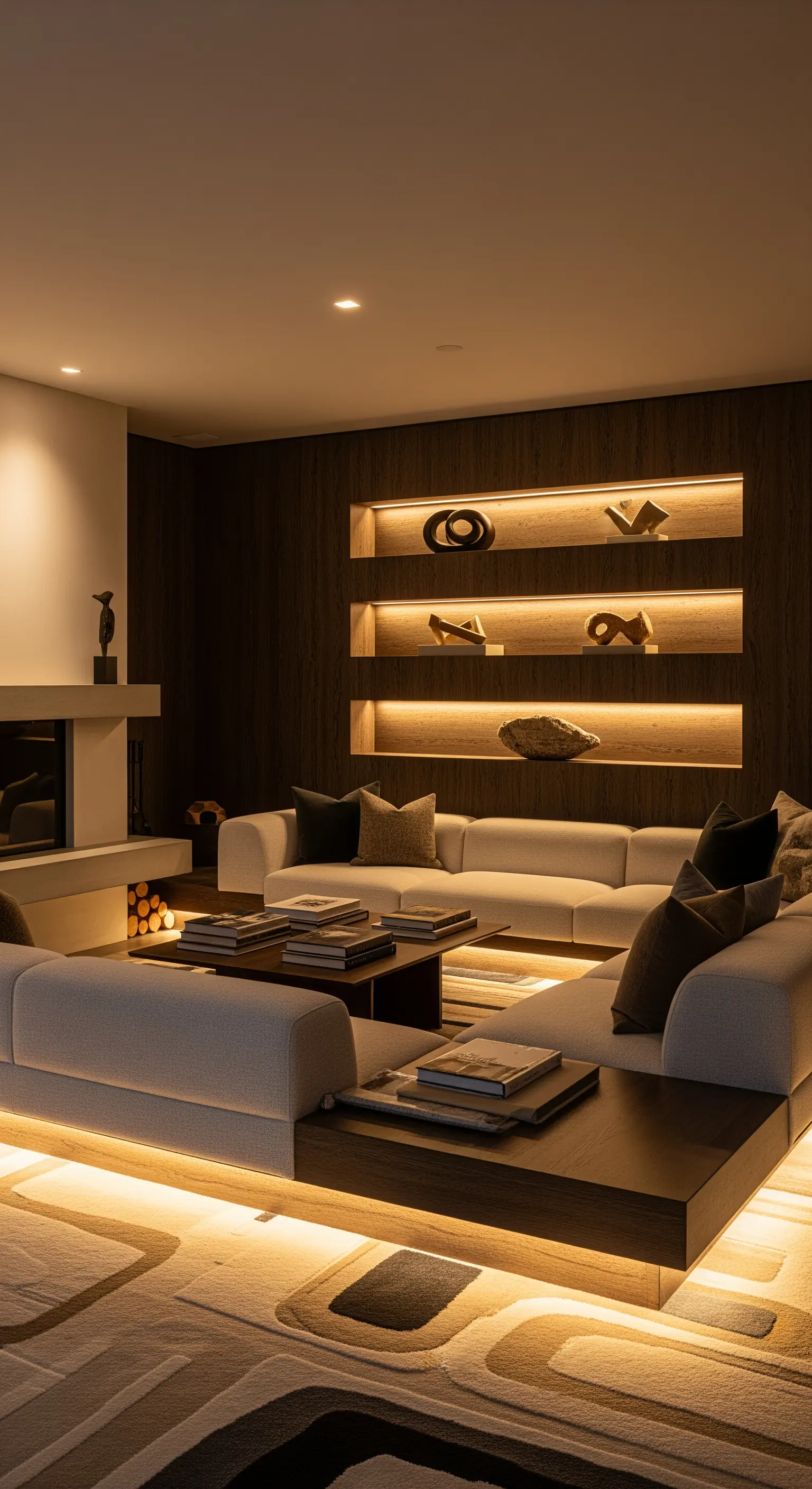 Dunkles Wohnzimmer mit beleuchteten Nischen und indirektem Licht unter dem Sofa