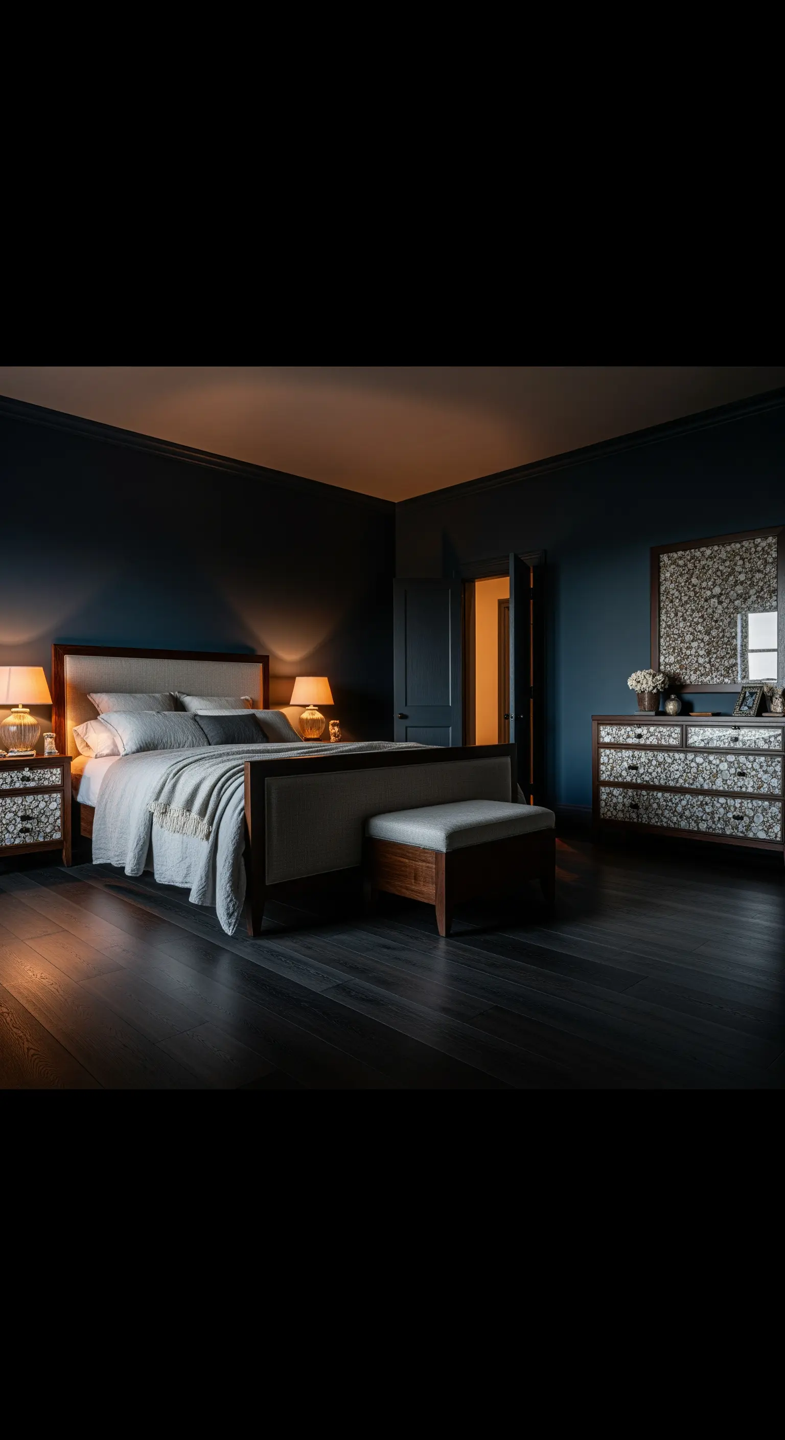 Dunkles, stimmungsvolles Schlafzimmer, das nur von warmen Tischlampen beleuchtet wird.