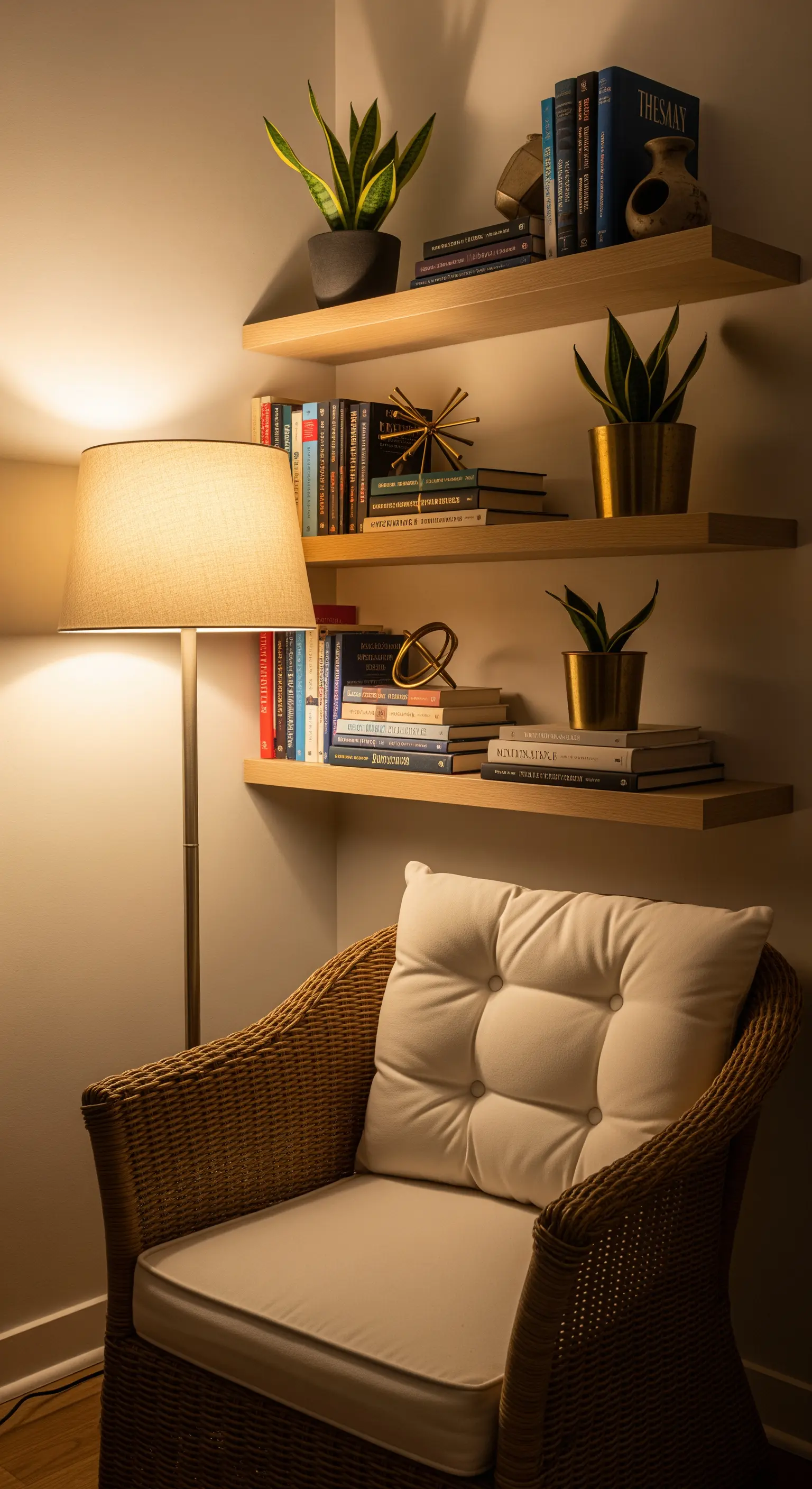 Gemütliche Leseecke mit einem Rattan-Sessel und einer warm leuchtenden Stehlampe.