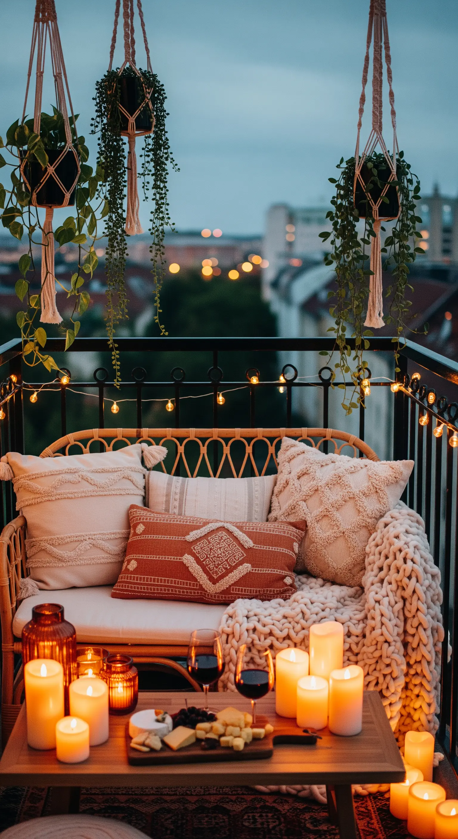 Romantischer Boho-Balkon mit Kerzen, Lichterkette und Hängepflanzen