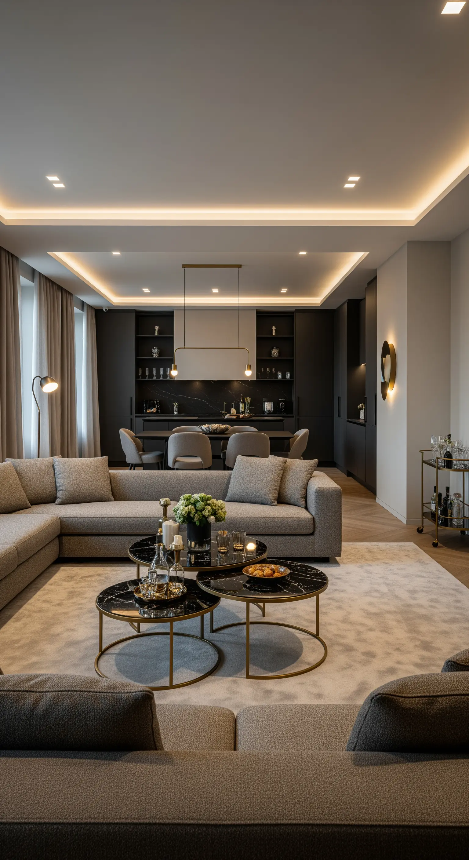 Offenes Wohnzimmer mit indirekter Deckenbeleuchtung und verschachtelten Marmor-Couchtischen.