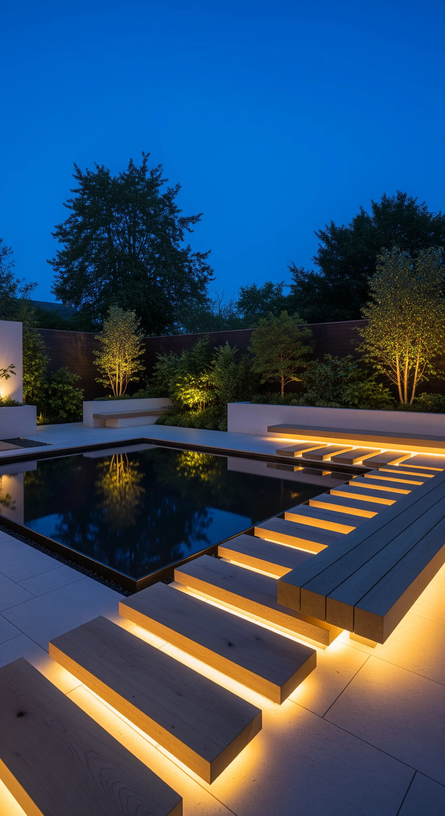 Moderner Garten bei Nacht mit beleuchteten Stufen, angestrahlten Bäumen und einem spiegelnden Pool.