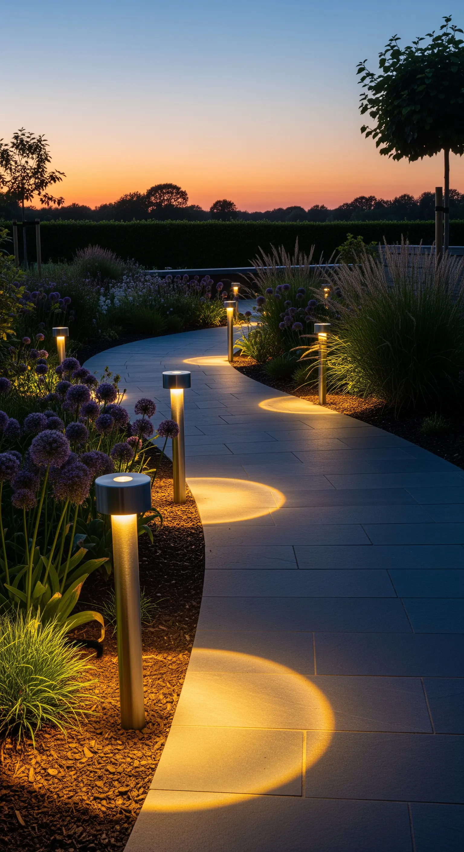 Moderne Pollerleuchten, die halbrunde Lichtkegel auf einen geschwungenen Weg werfen.