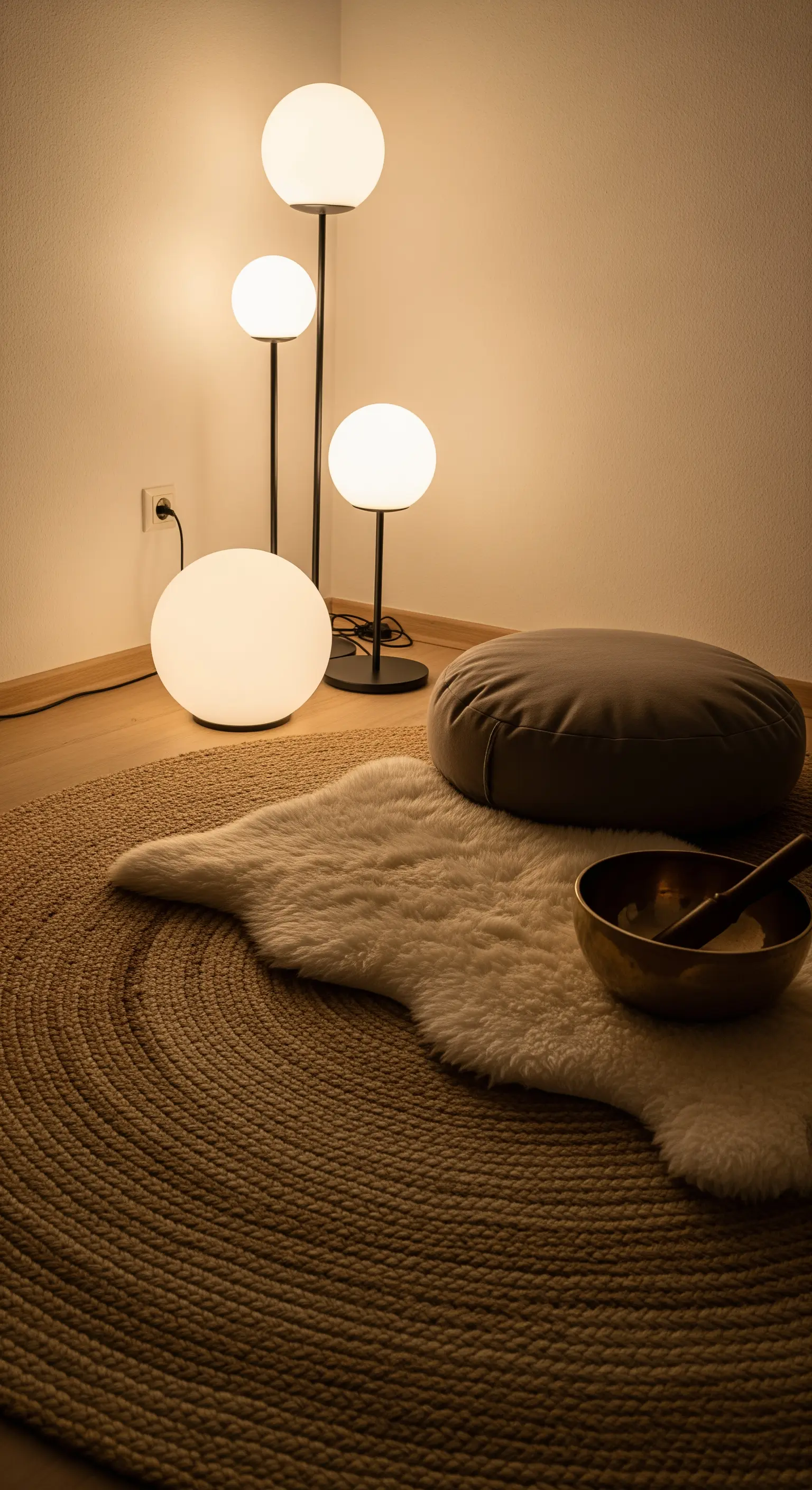 Eine Gruppe von leuchtenden Glaskugeln in verschiedenen Größen schafft eine ruhige Atmosphäre in einer Meditationsecke.