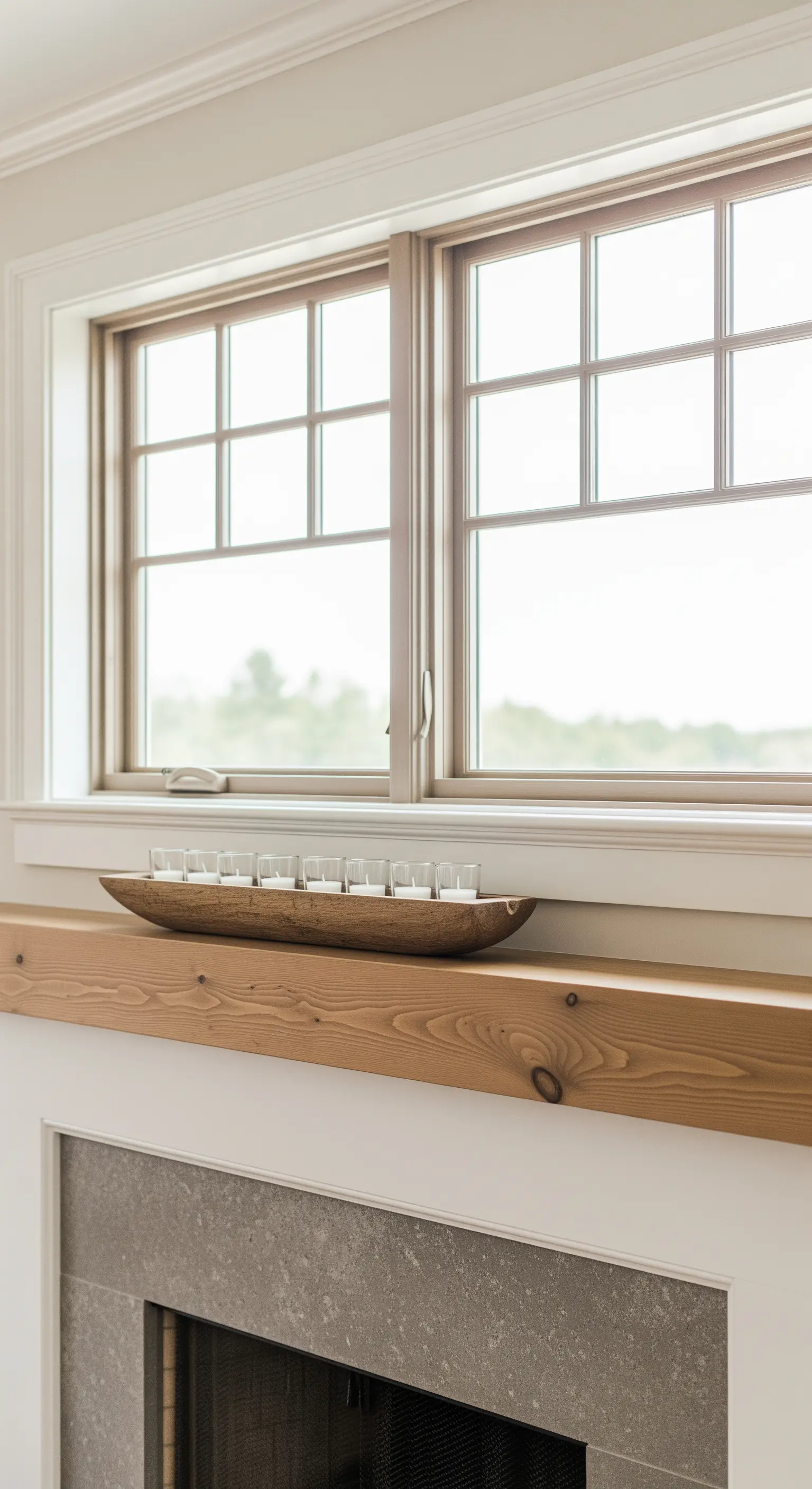 Langer Holzbalken-Kaminsims mit einer Holzschale voller Teelichter.