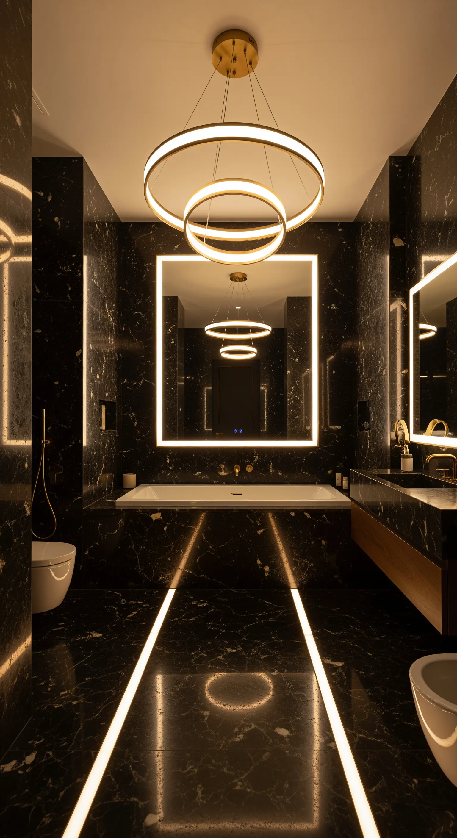 Dunkles Marmorbad mit leuchtenden LED-Streifen in Boden und Wänden.