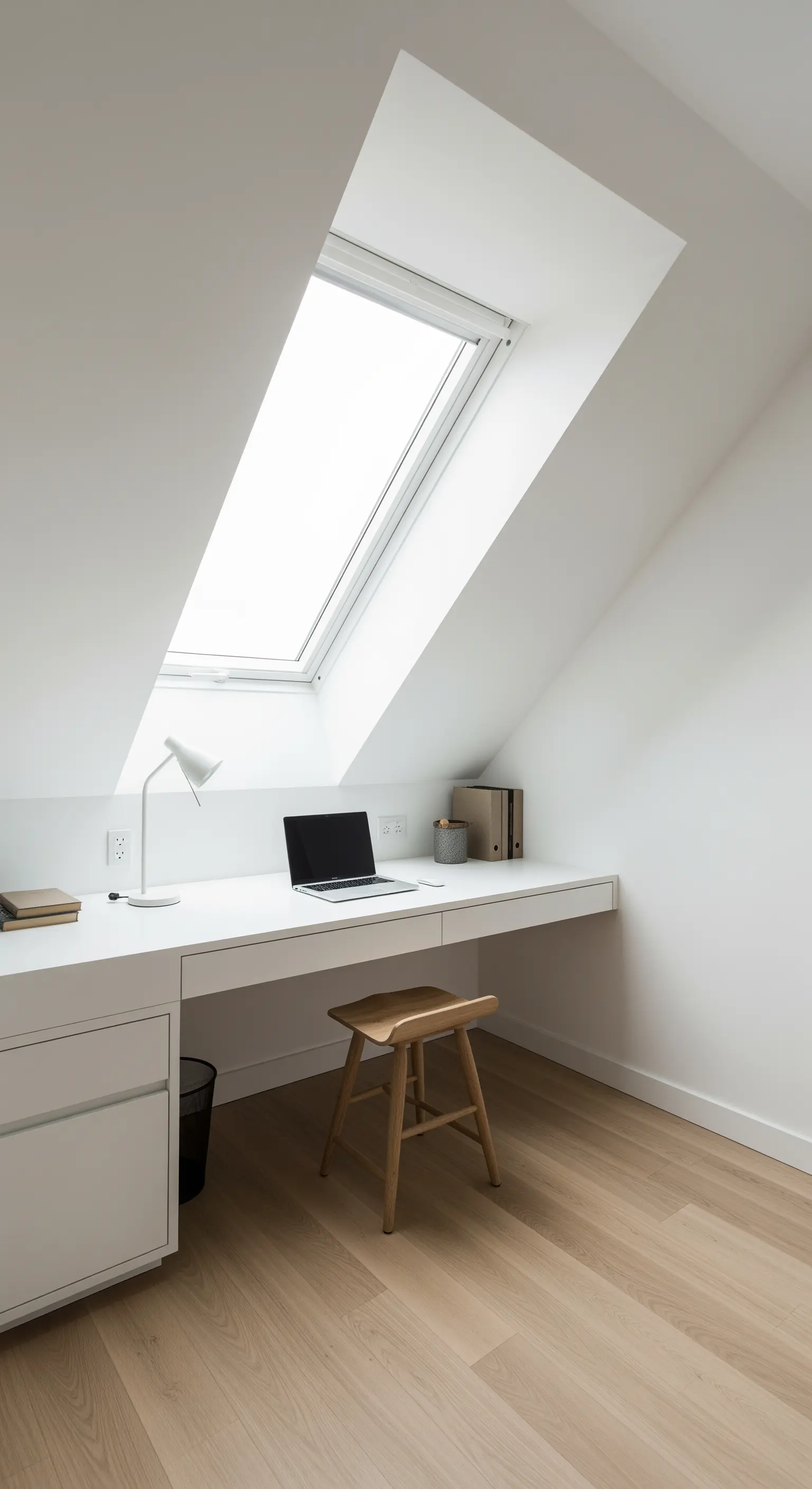 Heller Arbeitsplatz unter einer Dachschräge mit maßgefertigtem weißen Schreibtisch.
