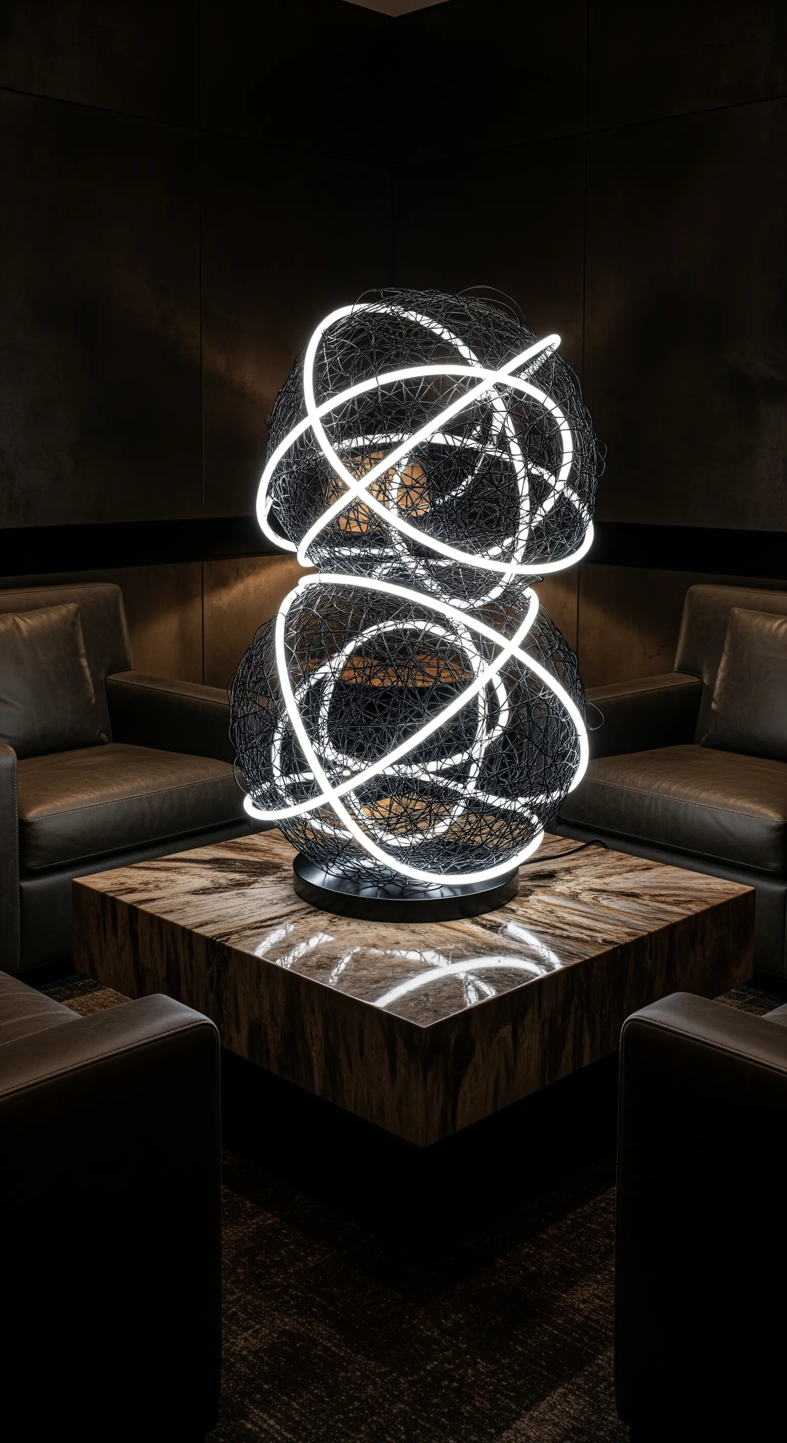 Große kugelförmige Lichtskulptur auf Marmortisch in Lounge.