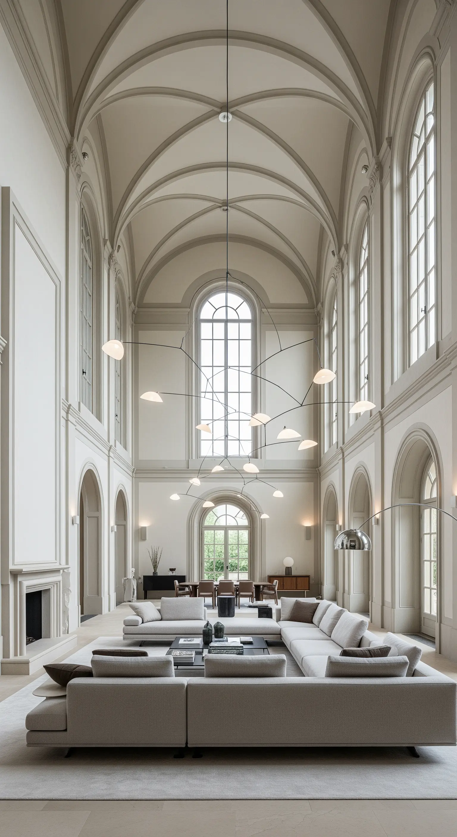 Sehr hoher, heller Raum mit Gewölbedecke und einer großen, modernen, skulpturalen Hängeleuchte.