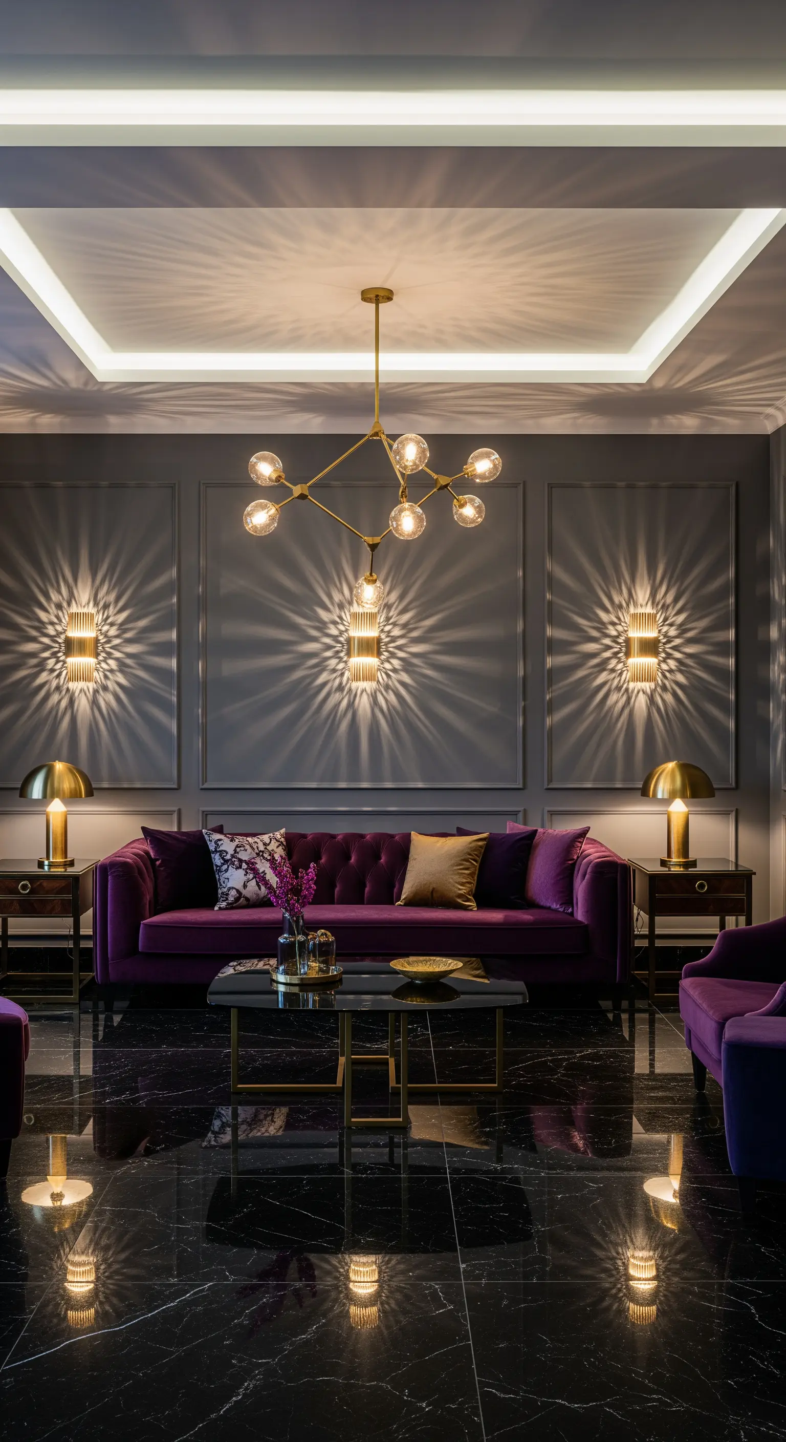 Dramatische Wandleuchten werfen sternförmige Lichtmuster an die Wand.