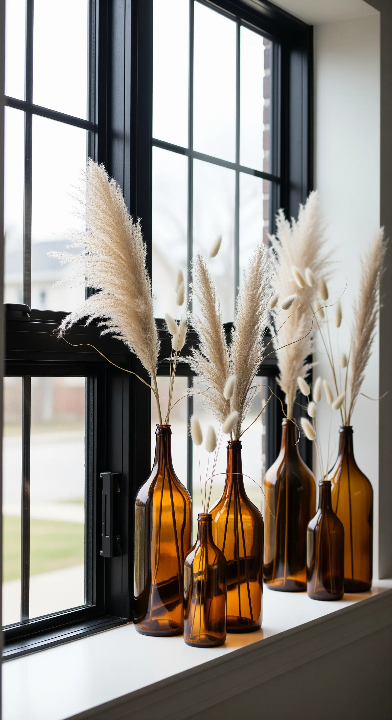 Eine Gruppe von braunen Apothekerflaschen mit Trockengräsern auf einer Fensterbank.
