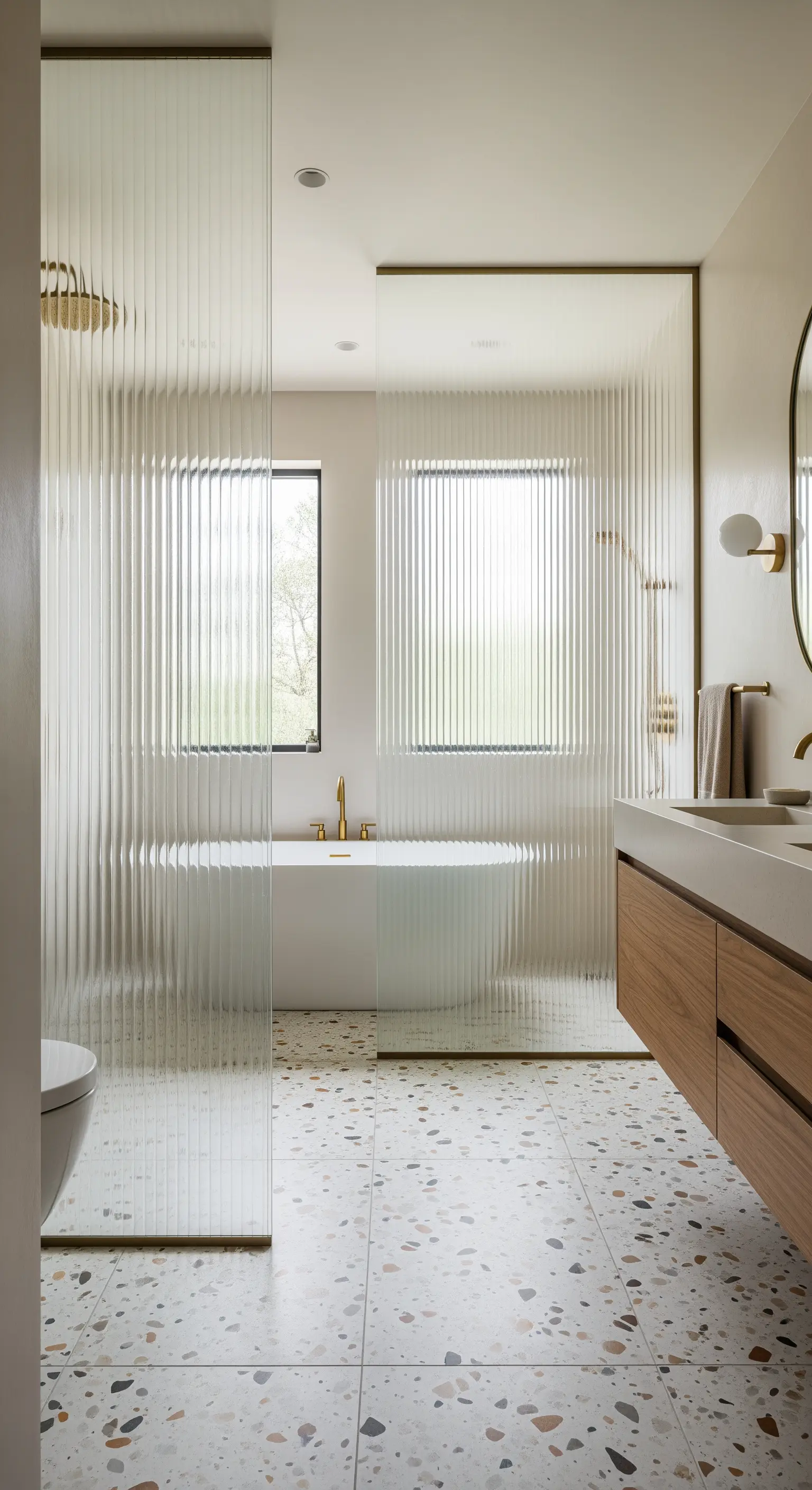 Badezimmer mit einer Duschabtrennung aus vertikal geriffeltem Glas und Terrazzoboden