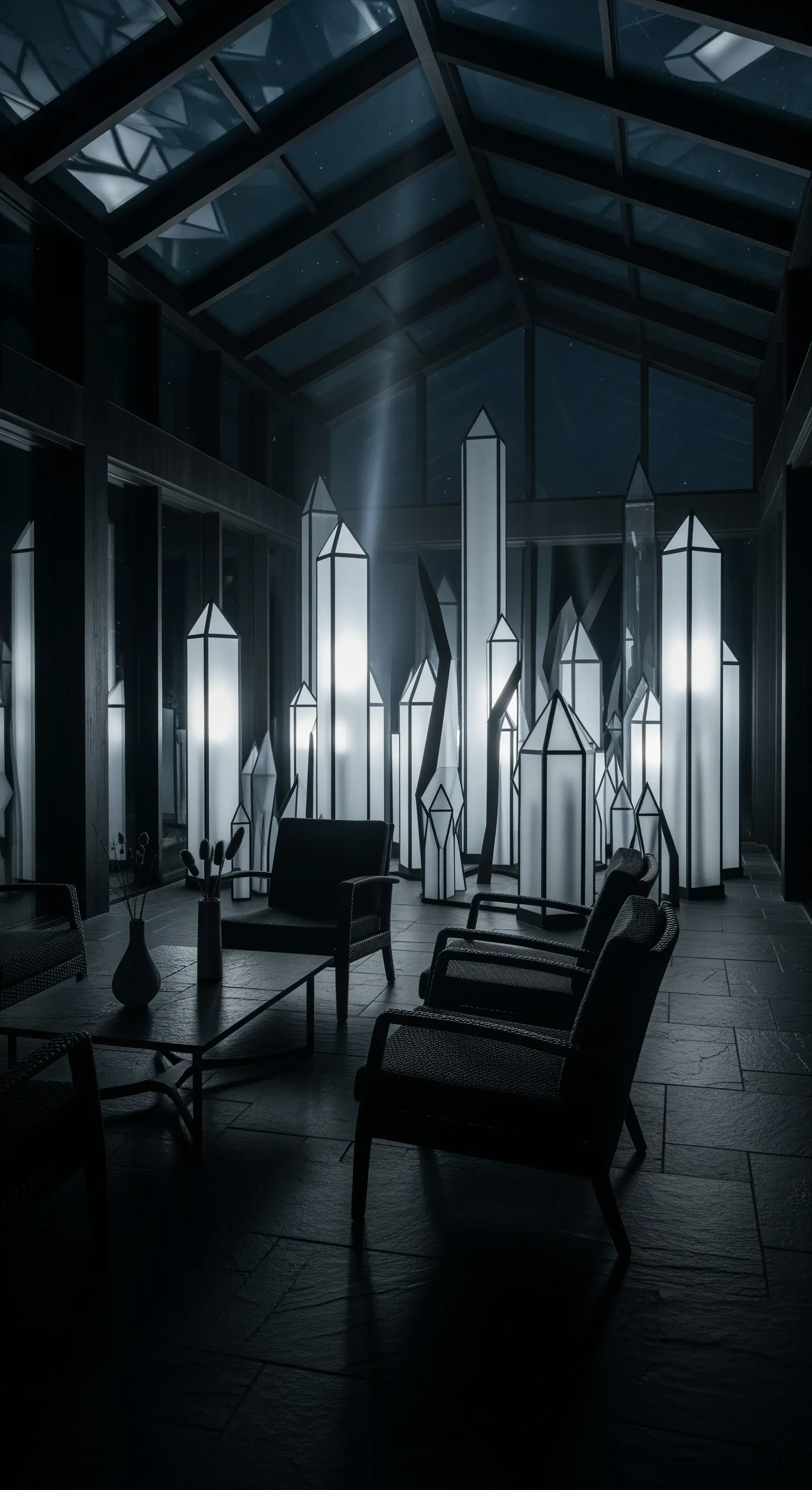 Raum mit leuchtenden, architektonischen Lichtskulpturen unter Glasdach.