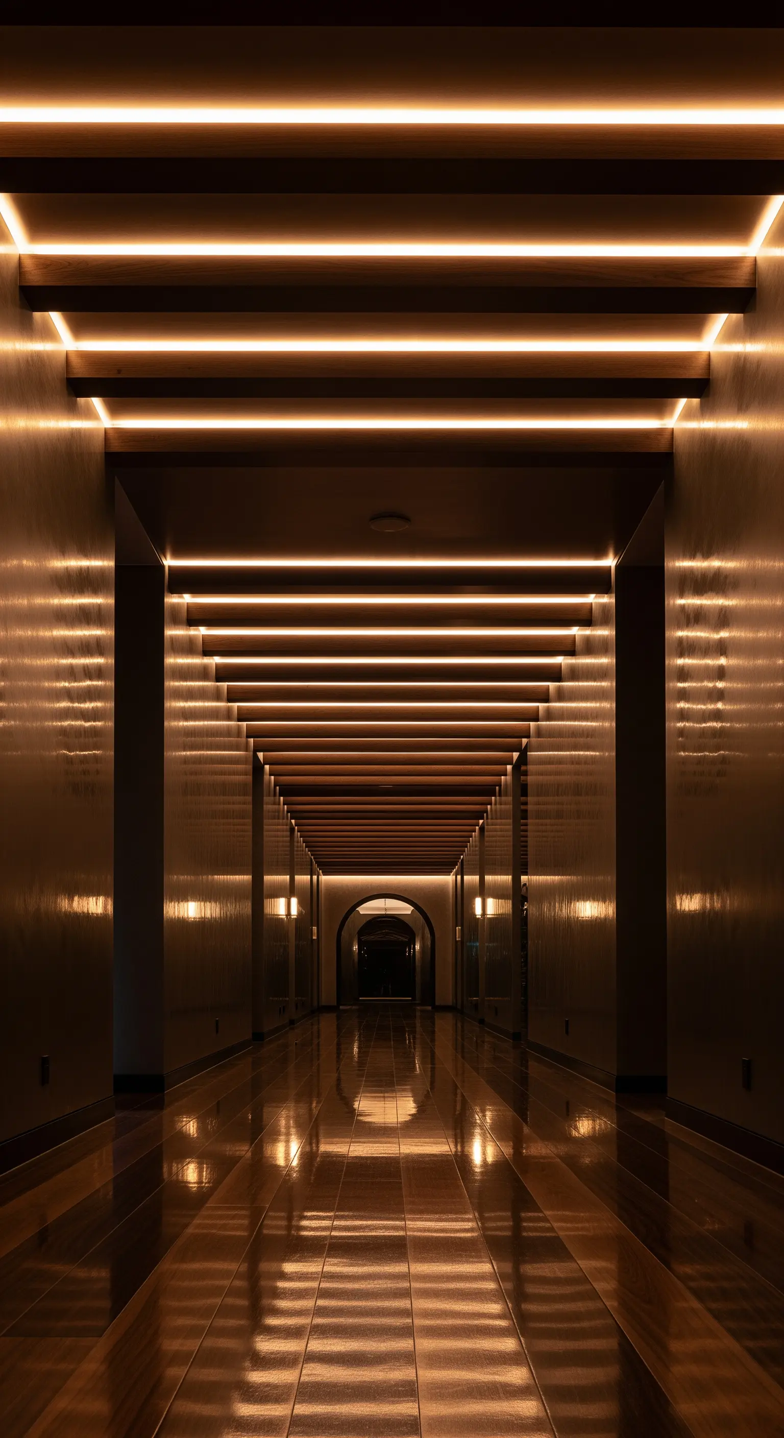 Langer Flur mit dunkler Holzlamellendecke, parallelen Lichtleisten und reflektierendem Boden
