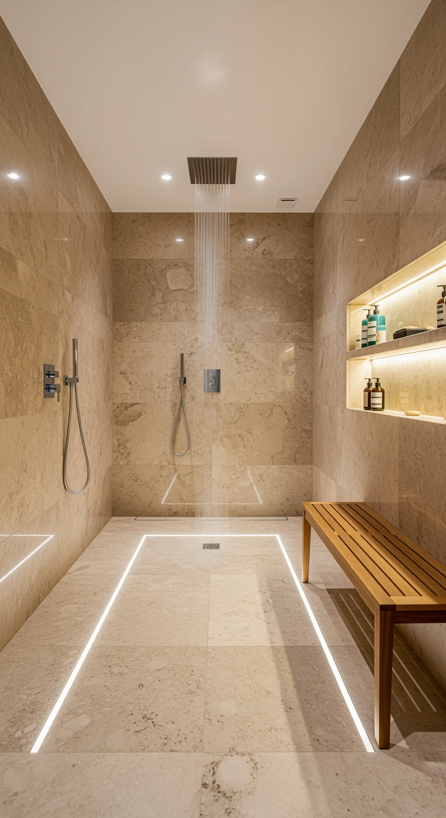 Bodengleiche Dusche mit beigem Stein, beleuchteter Nische und LED-Lichtstreifen am Boden.