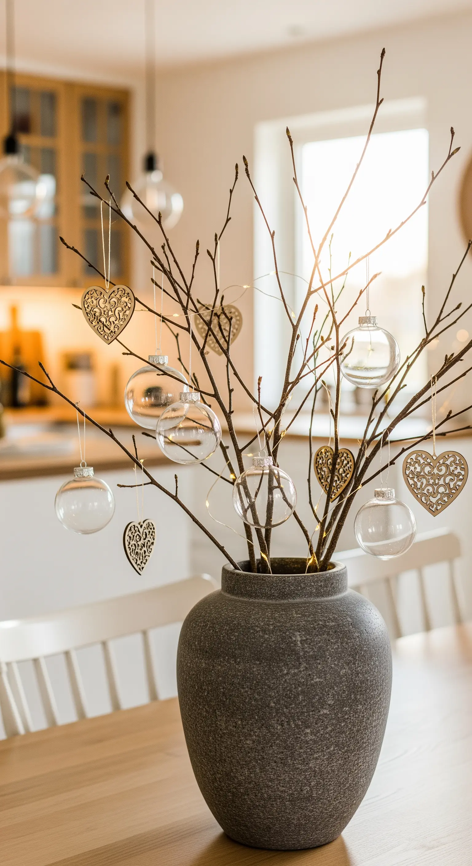 Zweige in Steinvase mit hängenden Glasornamenten und Holzherzen auf dem Esstisch.