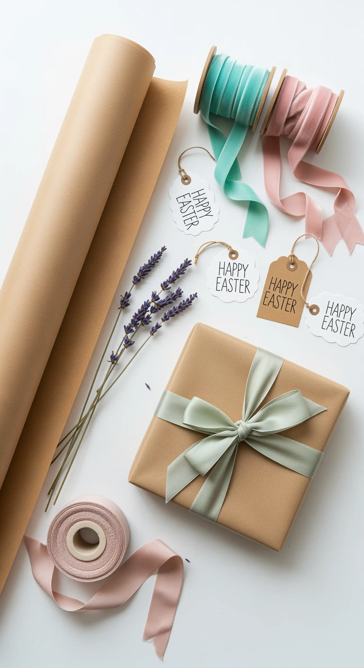 Stilvolles Ostergeschenk verpackt in Kraftpapier mit Samtbändern und Lavendel.